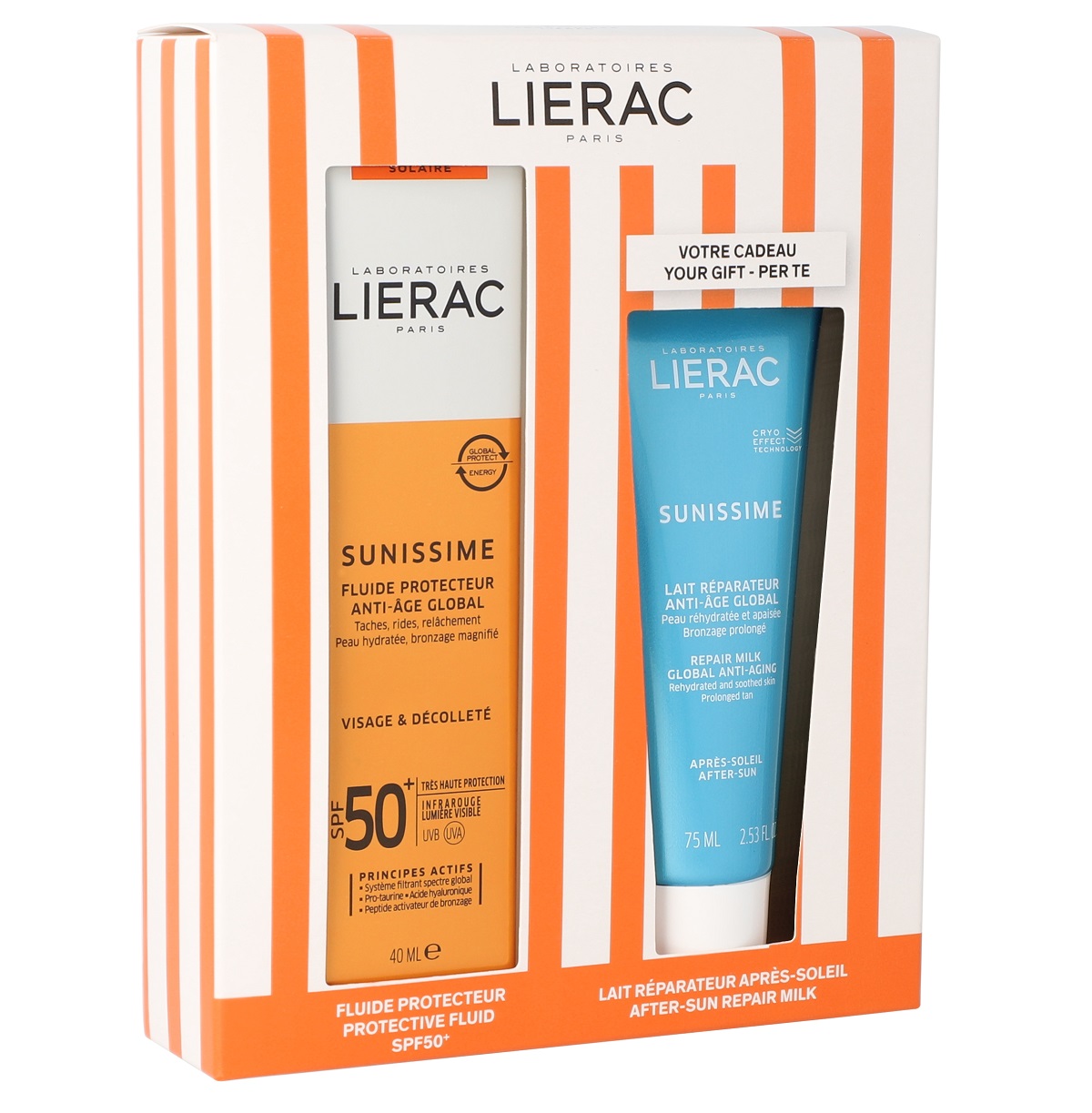Лиерак Набор (солнцезащитный флюид анти-аж глобаль spf 50, 40 мл + восстанавливающее молочко анти-аж глобаль 75 мл) (Lierac, Sunissime) фото 1