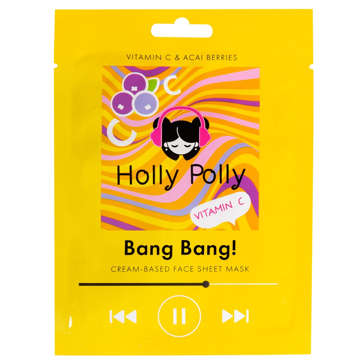 Holly Polly Витаминная тканевая маска с витамином С и ягодами асаи Bang Bang! на кремовой основе, 22 г (Holly Polly, Music Collection) уход за лицом holly polly тканевая маска для лица на кремовой основе с ягодами асаи
