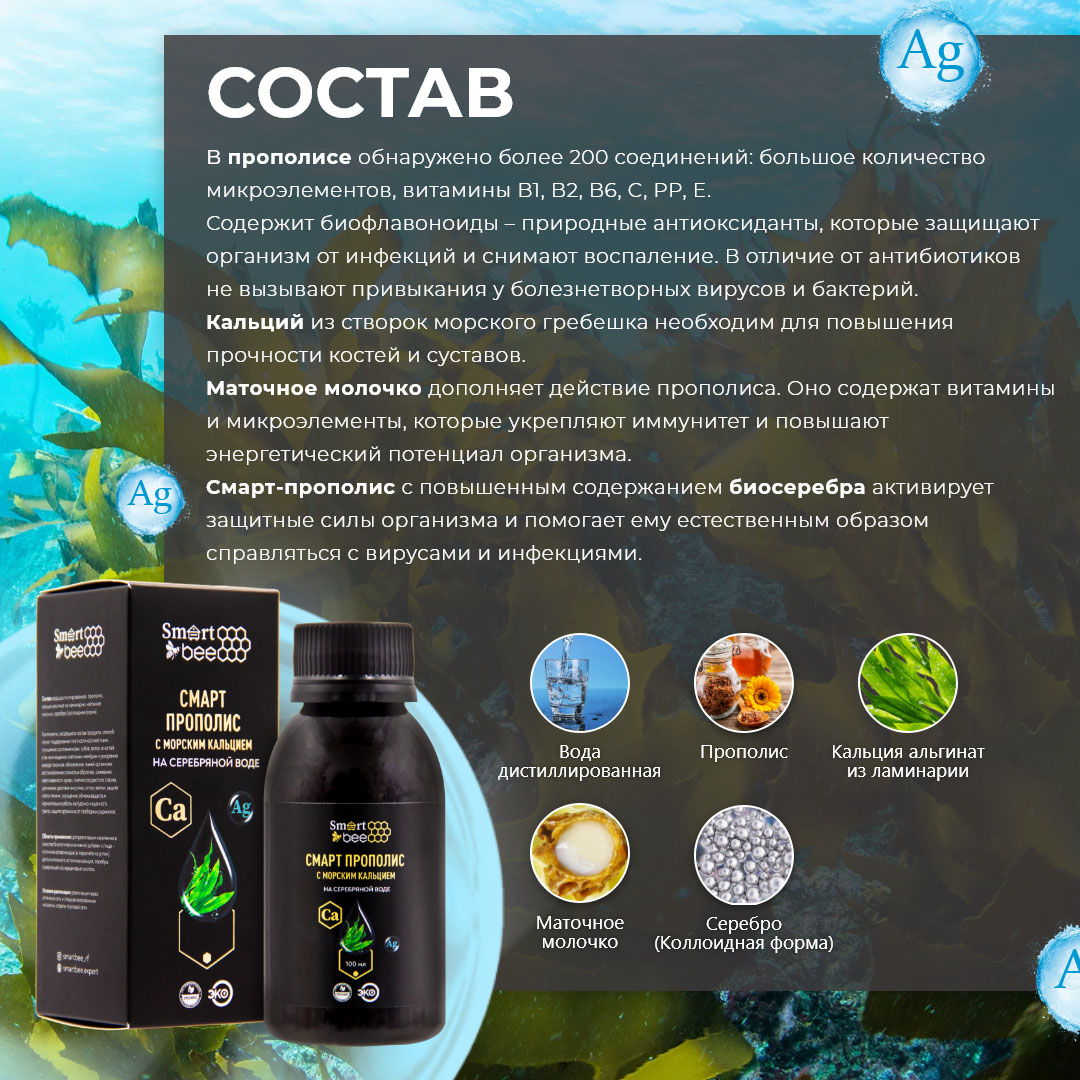 Смарт прополис с морским кальцием на серебряной воде, 100 мл (SMART BEE, )  Смарт прополис с морским кальцием на серебряной воде, 100 мл (SMART BEE, ) фото 1