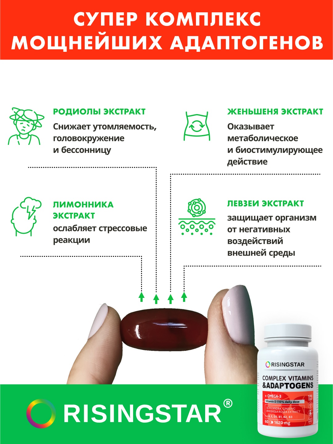 Рисингстар Комплекс витаминов и адаптогенов с омега-3 для мозга и энергии 1620 мг, 60 капсул (Risingstar, ) фото 1
