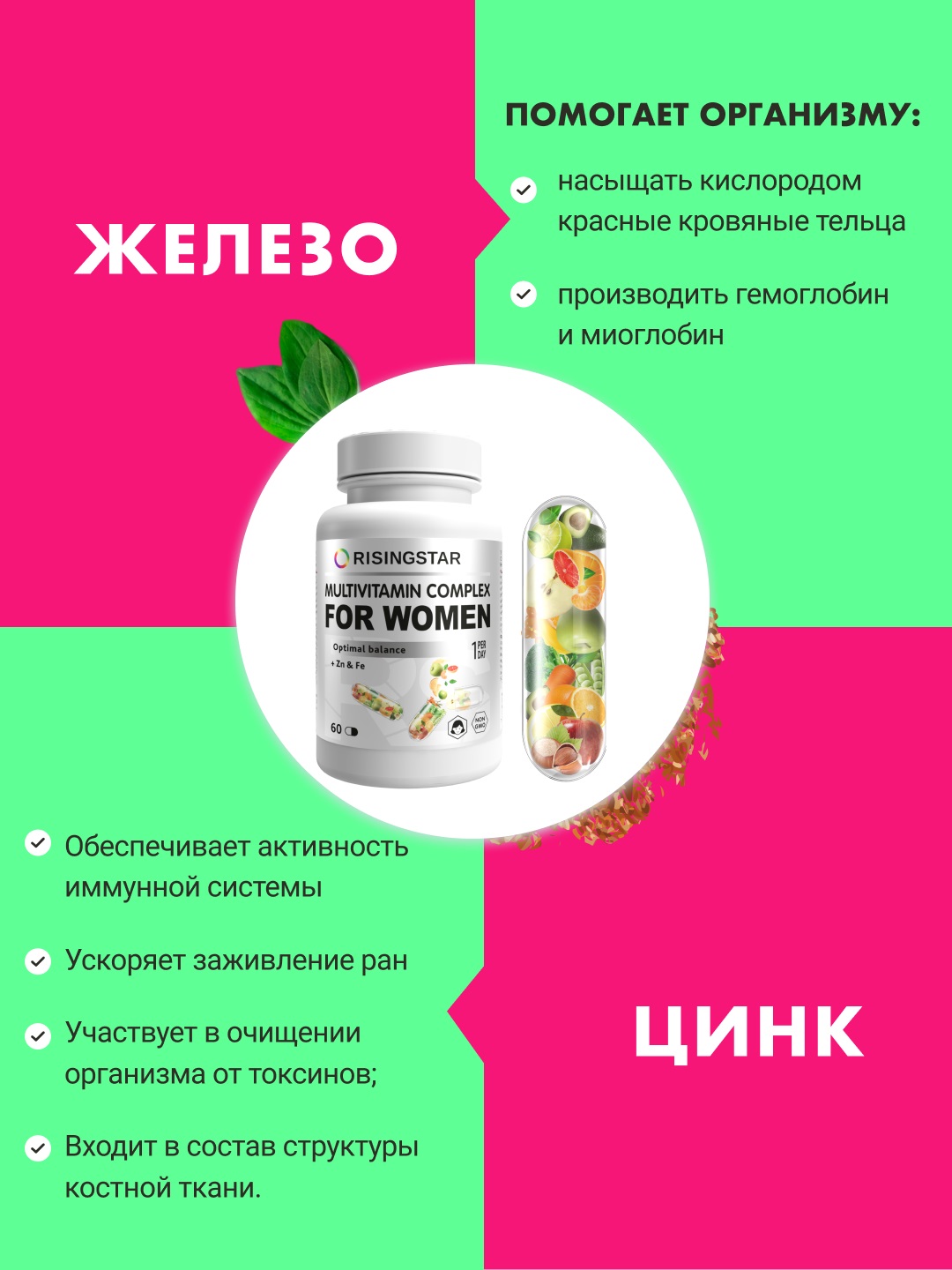 Рисингстар Поливитаминный минеральный комплекс В-Мин для женщин 1000 мг, 60 капсул (Risingstar, ) фото 4