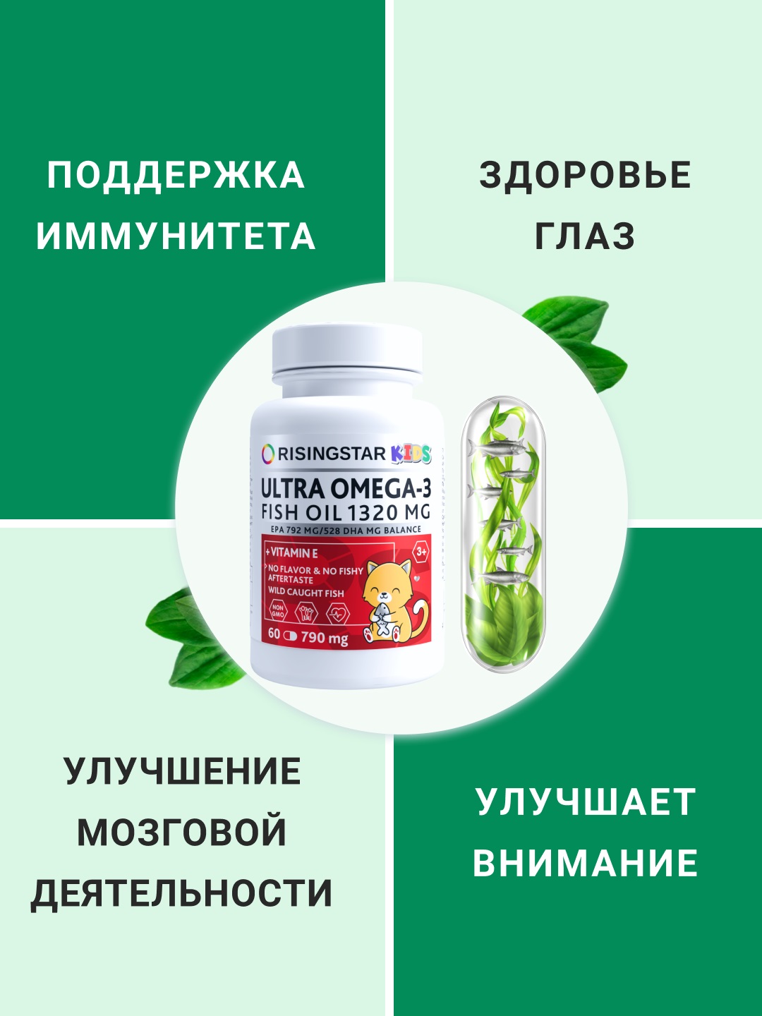Рисингстар Омега-3 жирные кислоты для детей 3+ 790 мг, 60 капсул (Risingstar, ) фото 3