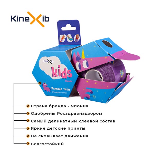 Кинексиб Кинезио тейп Classic Kids 4 см х 4 м фиолетовый, принт единорог (Kinexib, Kids) фото 1