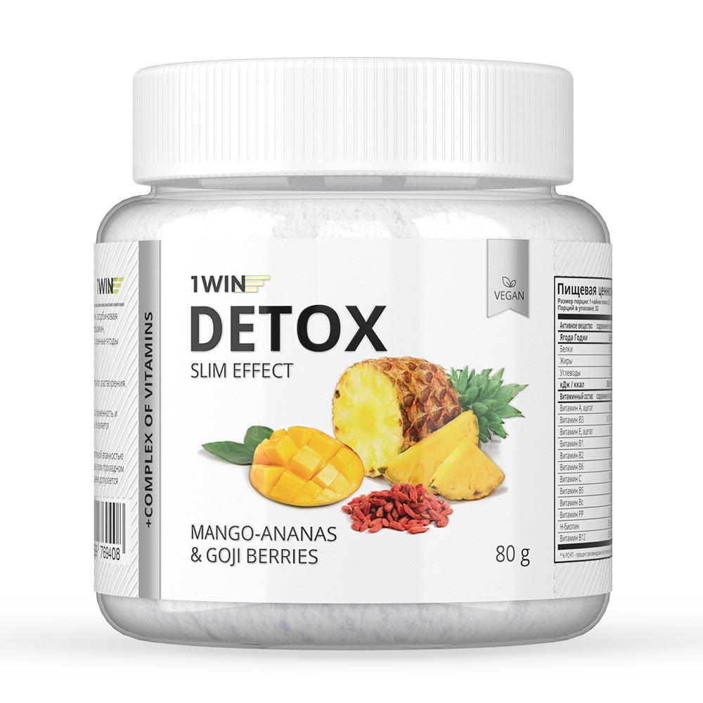 1Win Дренажный напиток Detox Slim Effect с ягодами годжи, вкус манго-ананас, 32 порции, 80 г (1Win, Detox)