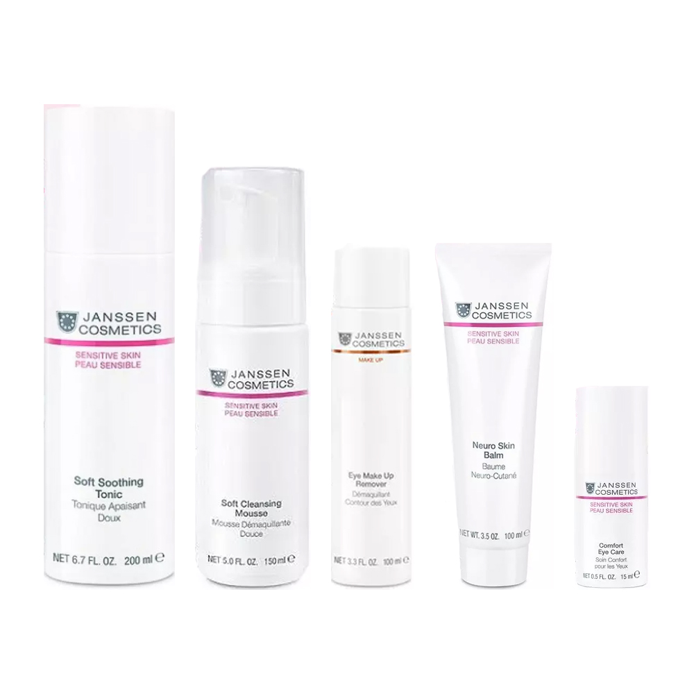 

Janssen Cosmetics Набор для очищения и восстановления чувствительной кожи: мусс 150 мл + тоник 200 мл + крем для век 15 мл + бальзам 100 мл + лосьон 100 мл (Janssen Cosmetics, Sensitive skin), Sensitive skin