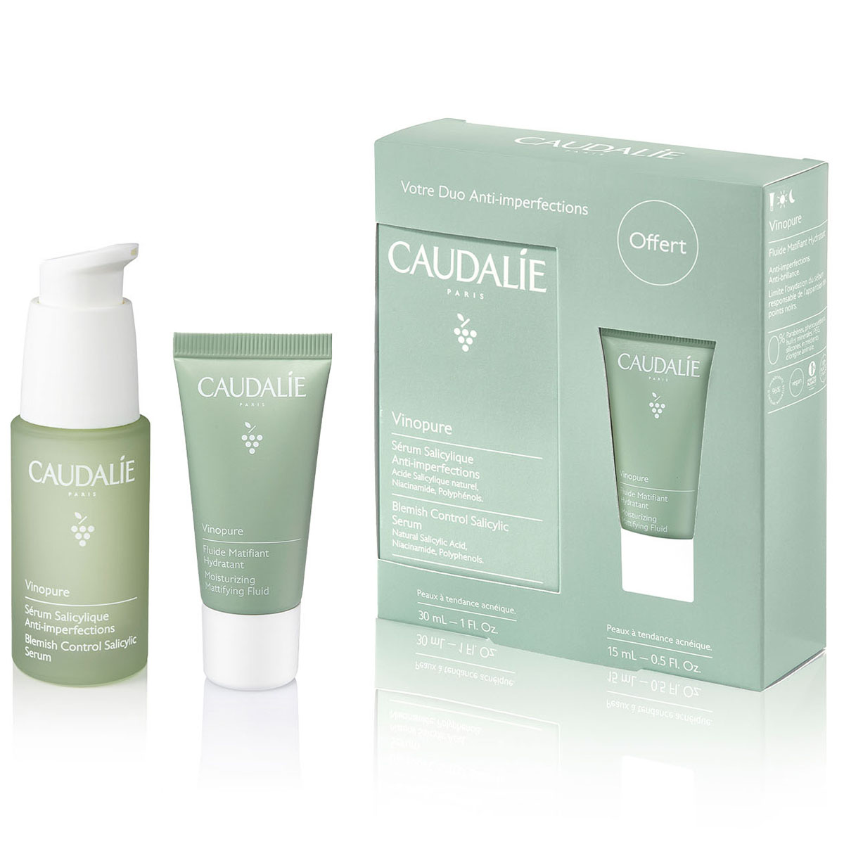 Caudalie Набор-дуэт (сыворотка для сужения пор 30 мл + матирующий увлажняющий флюид 15 мл) (Caudalie, Vinopure)