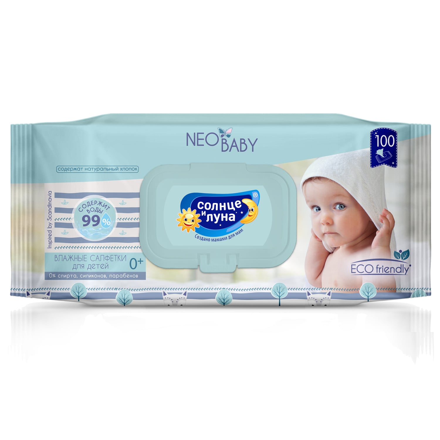  Детские влажные салфетки 0+, 100 шт (Солнце и Луна, Neo Baby) фото 0