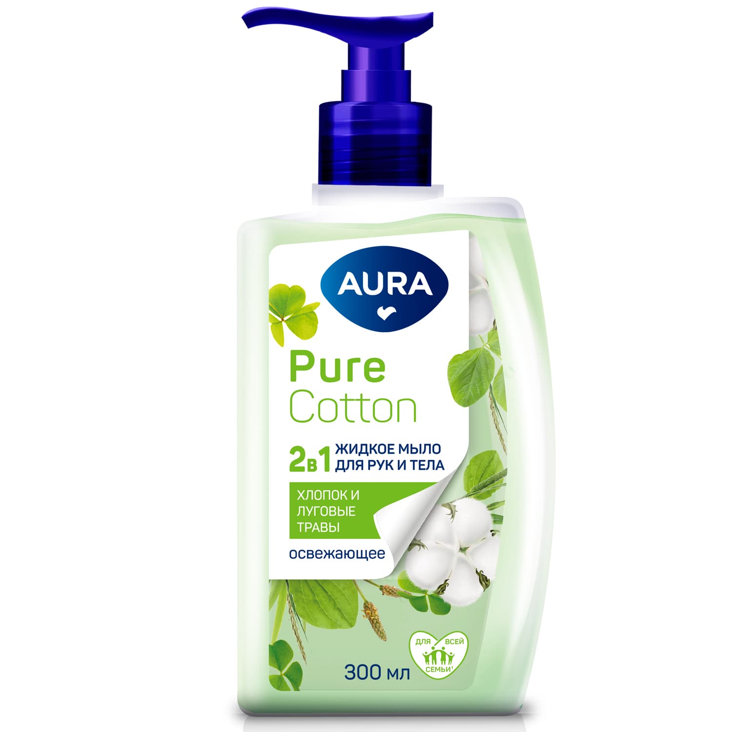 Аура Освежающее жидкое мыло для рук и тела Pure Cotton с экстрактами хлопка и луговых трав, 300 мл (Aura, Beauty) фото 0