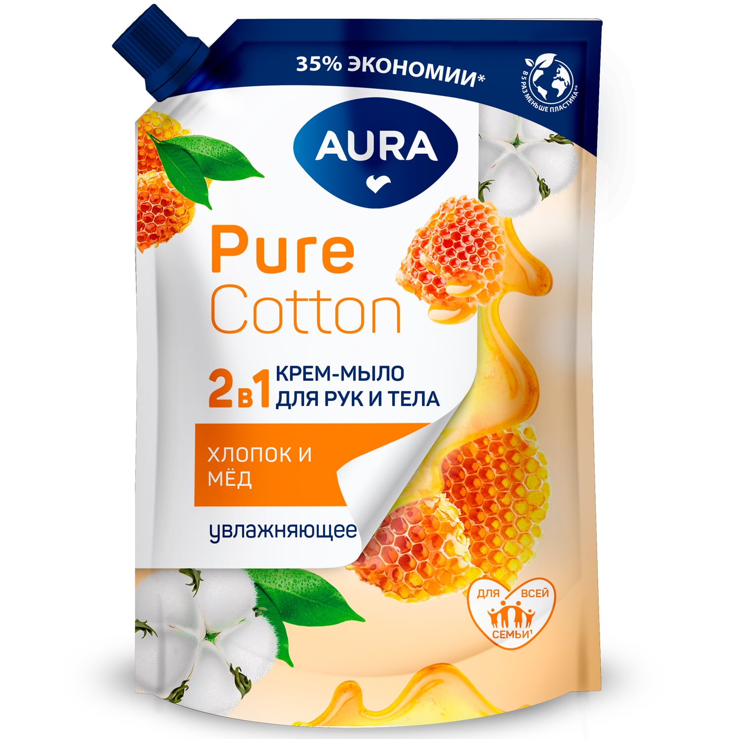 Аура Увлажняющее крем-мыло для рук и тела Pure Cotton с экстрактами хлопка и меда, 450 мл (Aura, Beauty) фото 0