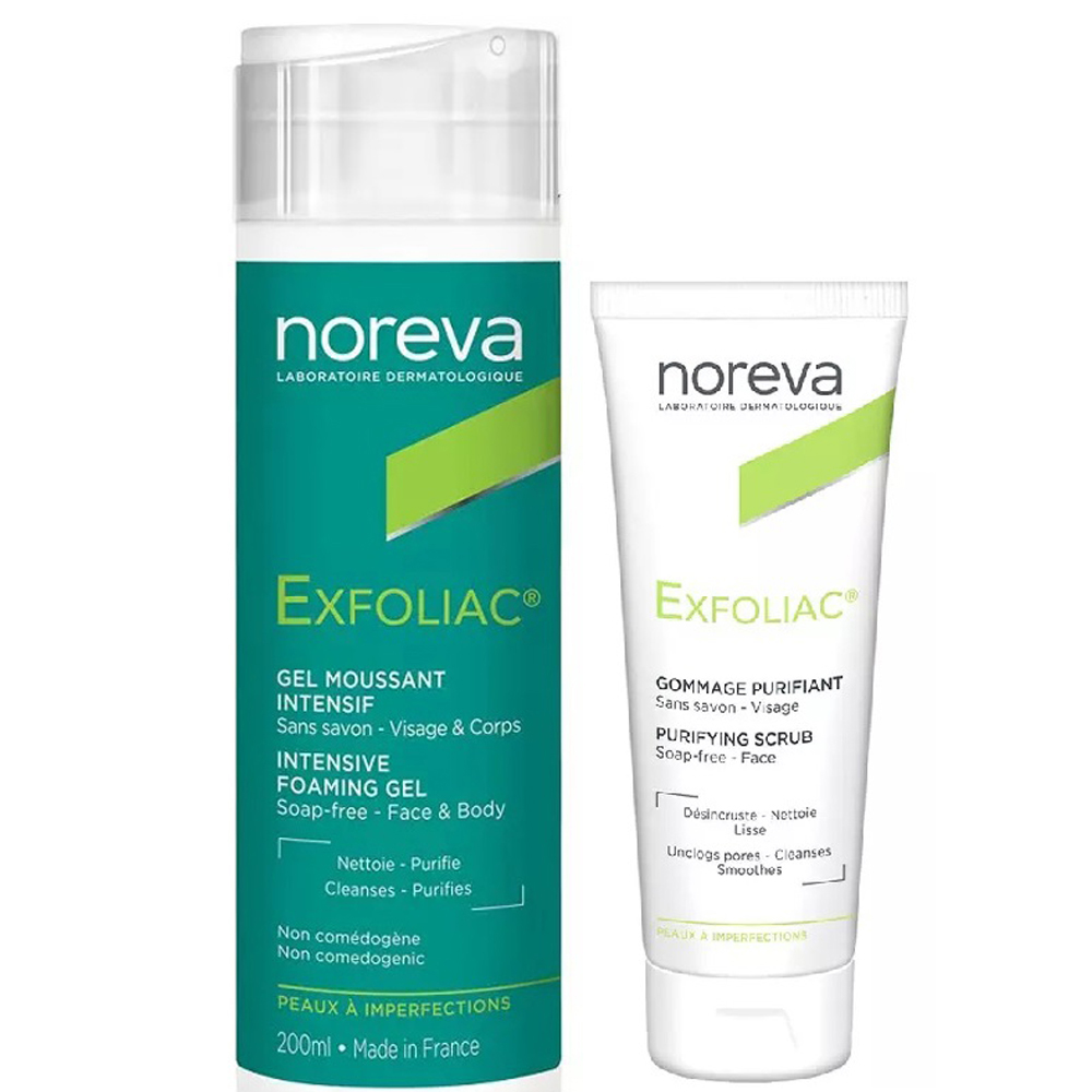 цена Noreva Набор для глубокого очищения кожи: гель, 200 мл + скраб, 50 мл (Noreva, Exfoliac)