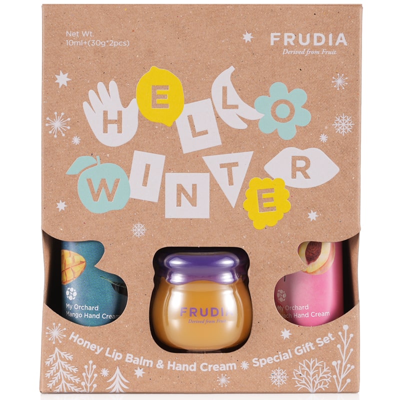 Frudia Подарочный набор Hello Winter: бальзам для губ, 10 г + кремы для рук с манго и персиком, 2 х 30 г (Frudia, Уход за руками) набор кремов для рук 5 штук крем для рук увлажняющий ночной дневной крем ароматный крем цветы и фрукты