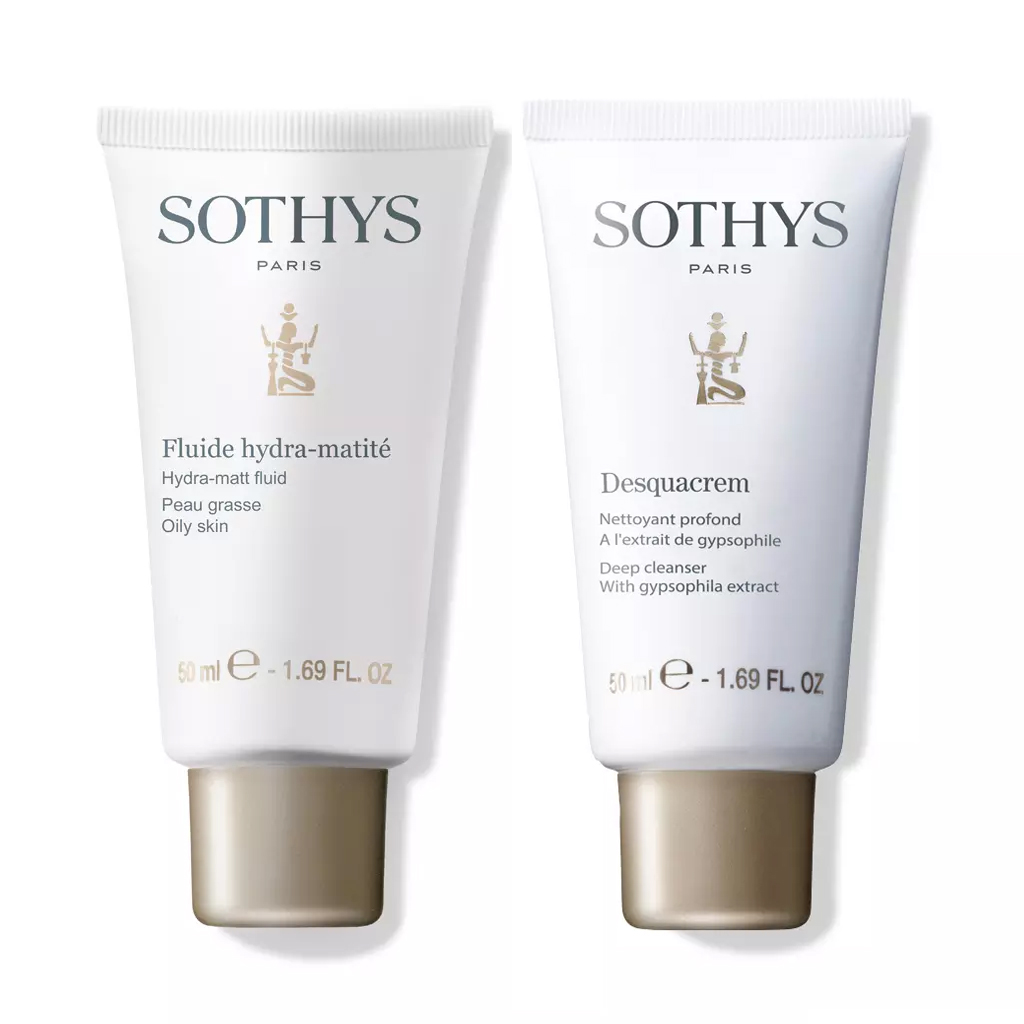 sothys набор для чувствительной кожи флюид 50 мл крем 50 мл sothys sensitive skin line with spa thermal water Sothys Набор для устранения жирного блеска: крем отшелушивающий 50 мл + флюид 50 мл (Sothys, Oily Skin)