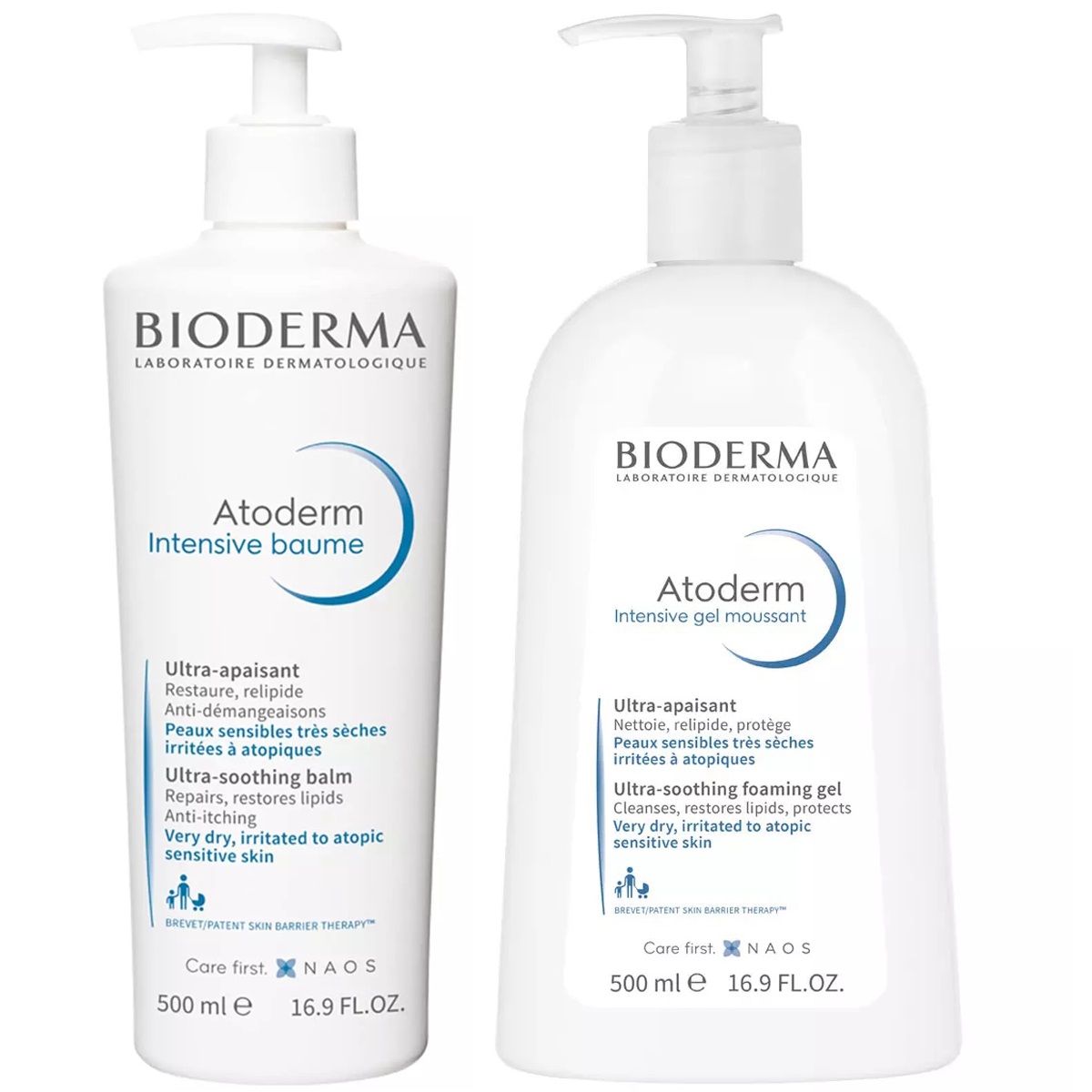 Bioderma Набор для сухой кожи тела: бальзам, 500 мл + гель, 500 мл (Bioderma, Atoderm) bioderma atoderm intensive gel moussant ultra soothing faoming gel 200ml tube