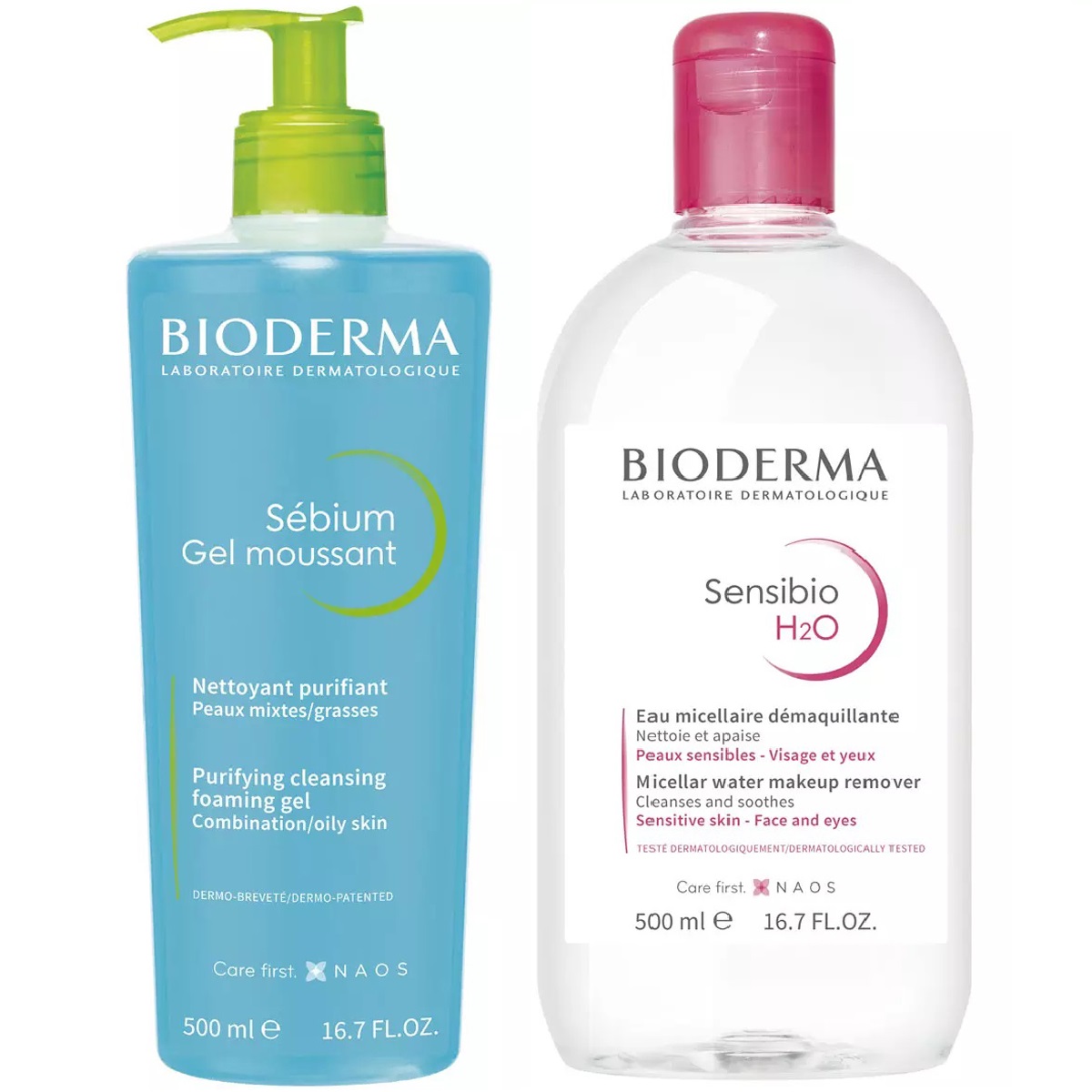 Bioderma Набор для очищения жирной кожи: гель, 500 мл + мицеллярная вода, 500 мл (Bioderma, Sebium) очищающий гель bioderma sensibio 500 мл