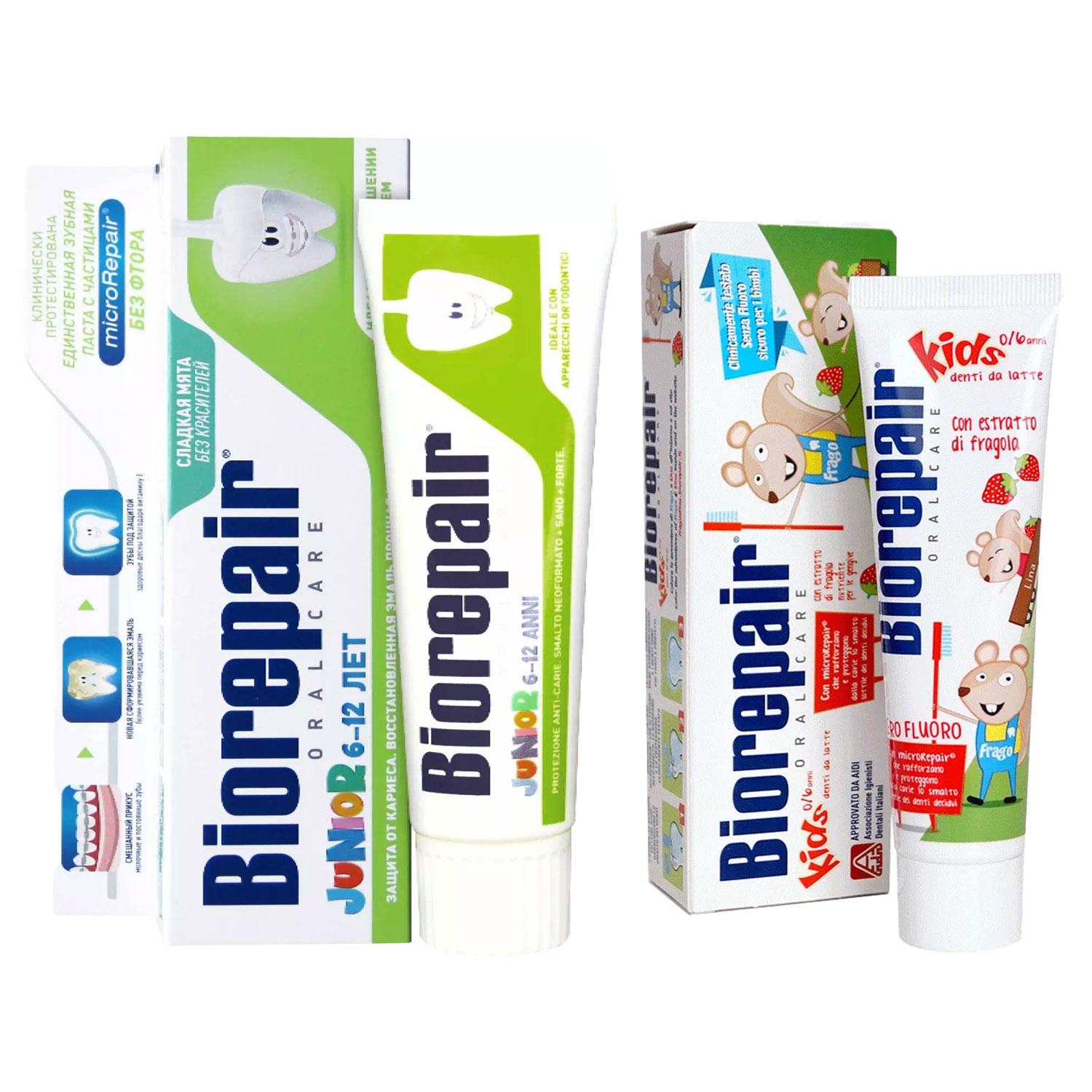 Biorepair Набор детских зубных паст: Strawberry 50 мл + Mint 75 мл (Biorepair, Детская гамма)
