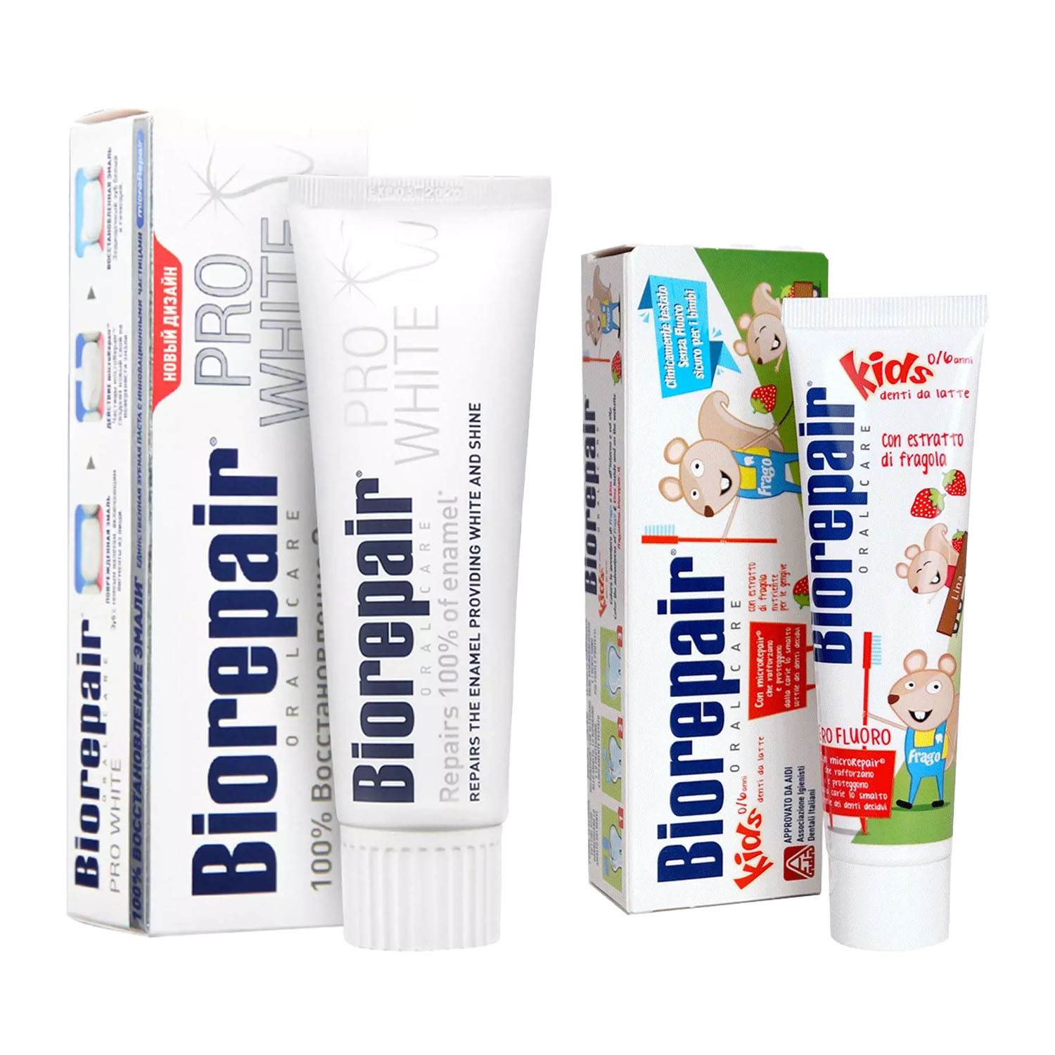 Biorepair Набор зубных паст для взрослых и детей, 75 мл + 50 мл (Biorepair, Отбеливание и лечение) цена и фото