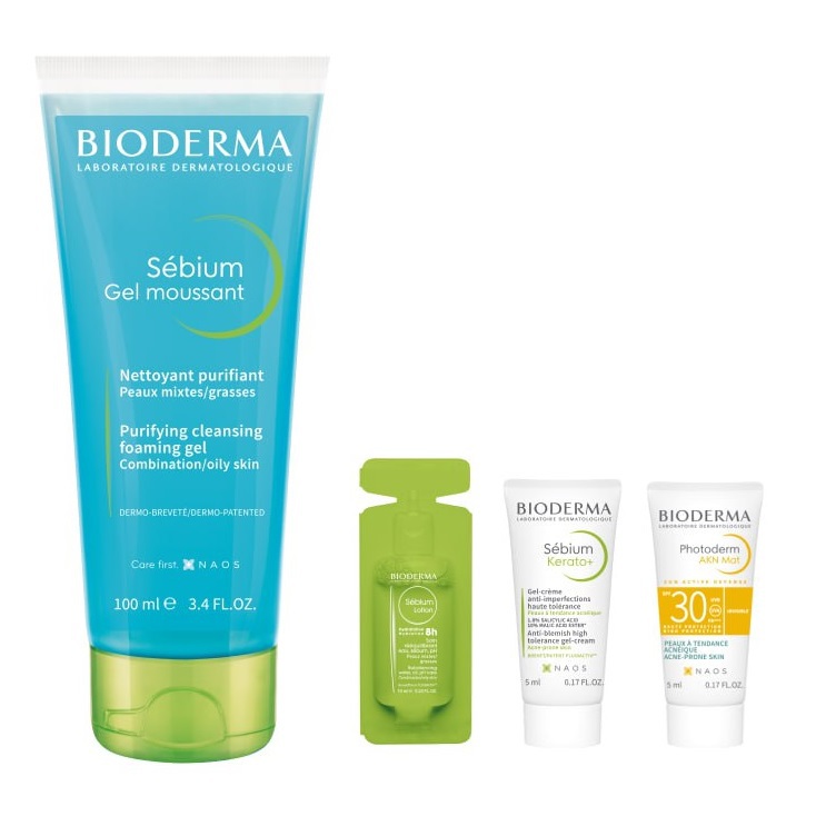 Bioderma Набор: гель для умывания 100 мл + лосьон 10 мл + гель-крем Керато+ 5 мл + матирующая эмульсия AKN SPF 30, 5 мл (Bioderma, Sebium)