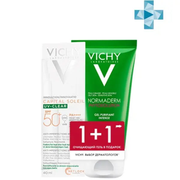 цена Vichy Набор Очищение и защита для кожи, склонной к несовершенствам: солнцезащитный флюид UV-Clear SPF 50+ 40 мл + очищающий гель 50 мл (Vichy, Capital Soleil)