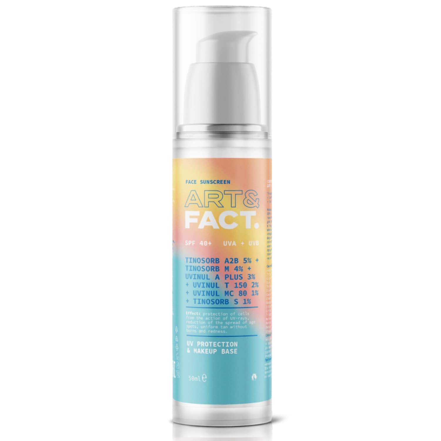 Арт&Факт Cолнцезащитная эмульсия SPF 40+ с химическими фильтрами Tinosorb A2B 5% + Tinosorb M 4% + Uvinul A Plus 3% + Uvinul T 150 2% + Uvinul MC 80 1% + Tinosorb S 1% для лица и области вокруг глаз, 50 мл (Art&Fact, Защита от солнца) фото 0