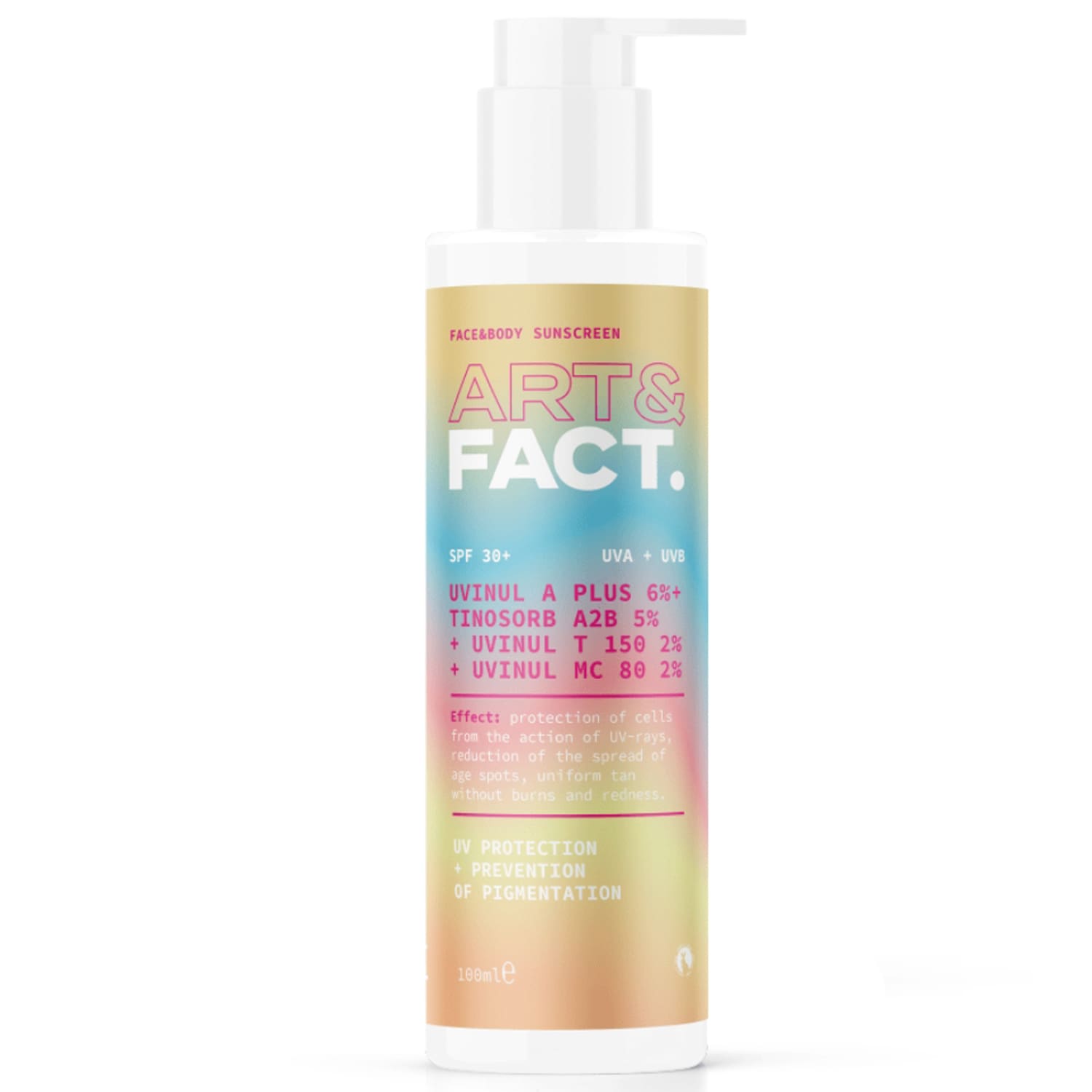 Арт&Факт Солнцезащитное молочко SPF 30+ с химическими фильтрами Uvinul A Plus 6% + Tinosorb A2B 5% + Uvinul T 150 2% + Uvinul MC 80 2% для лица и тела, 100 мл (Art&Fact, Защита от солнца) фото 0