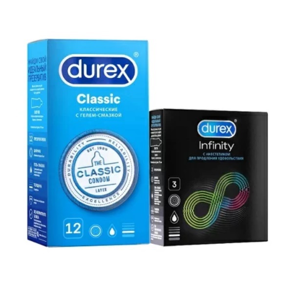 Durex Набор презервативов: Classic 12 шт + презервативы с анестетиком Infinity 3 шт (Durex, Презервативы)