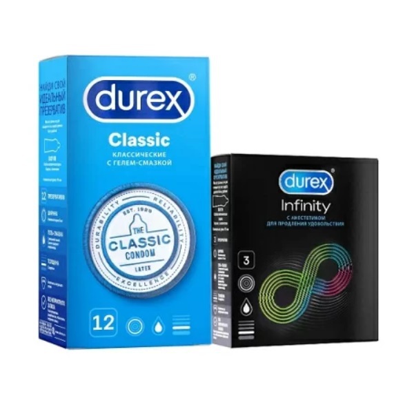 Дюрекс Набор презервативов: Classic 12 шт + презервативы с анестетиком Infinity 3 шт (Durex, Презервативы) фото 0