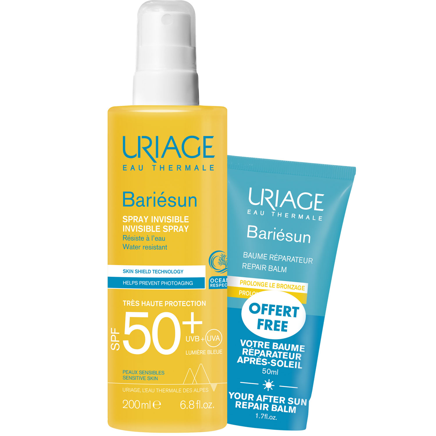 Урьяж Набор: невидимый спрей SPF50+, 200 мл + восстанавливающий бальзам после солнца 50 мл (Uriage, Bariesun) фото 0