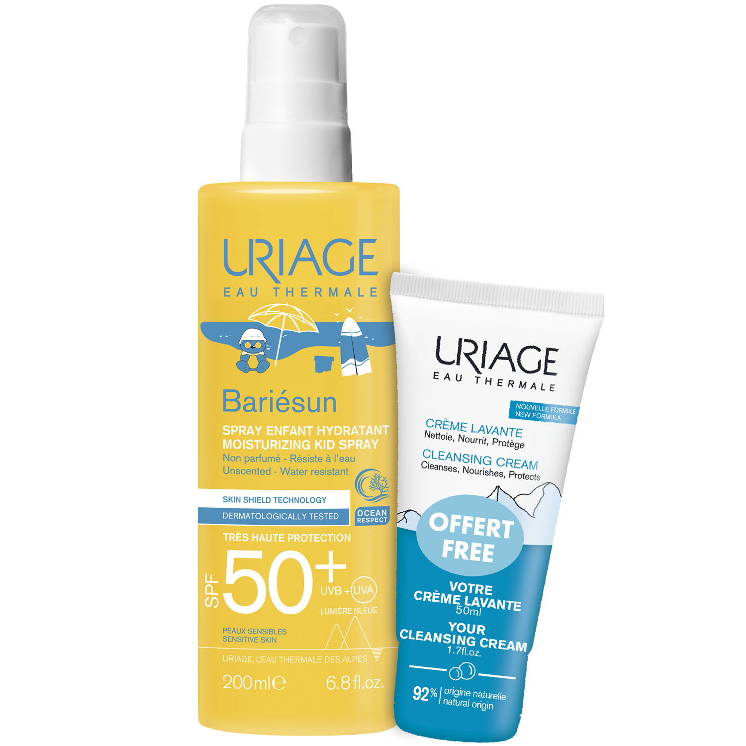 Урьяж Набор: увлажняющий спрей для детей SPF 50+, 200 мл + очищающий пенящийся крем 50 мл (Uriage, Bariesun) фото 0