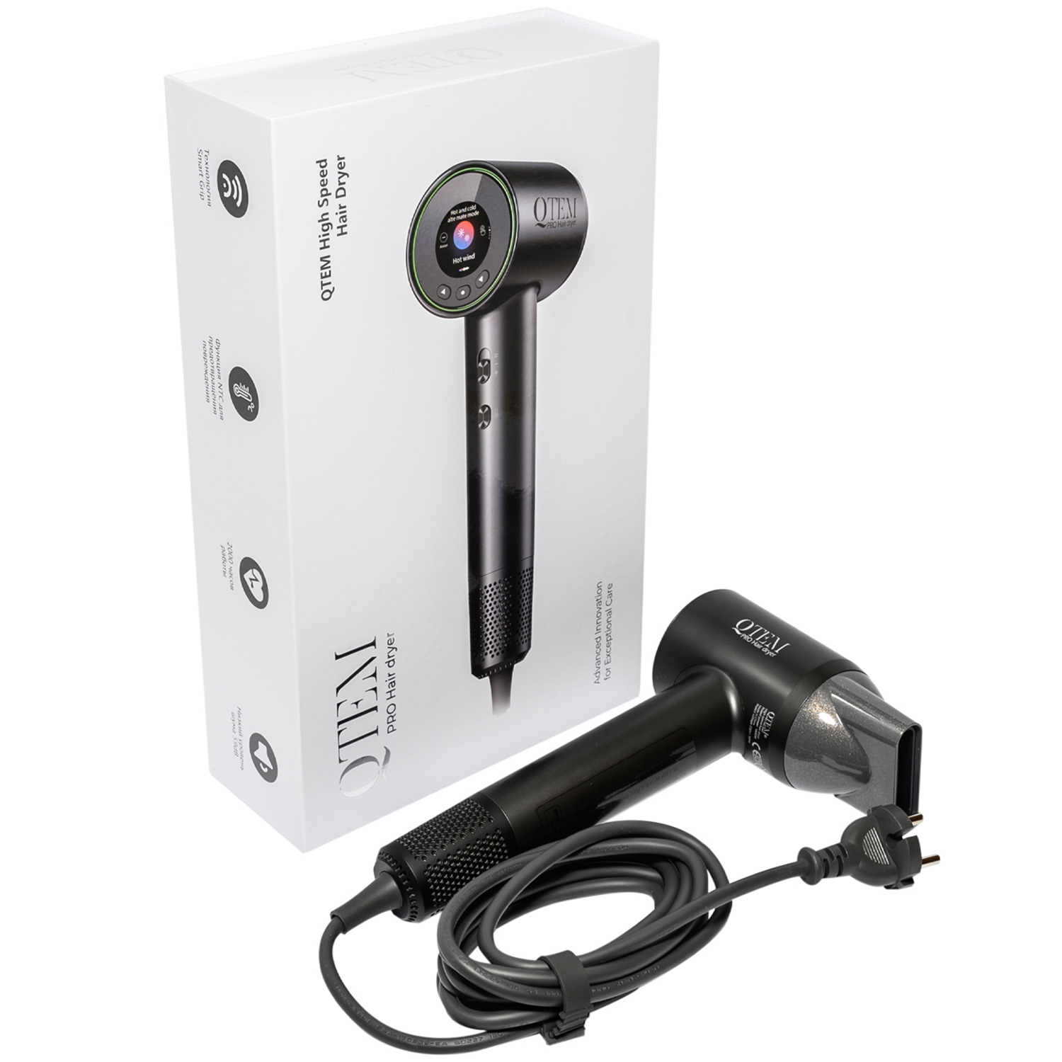 Qtem Фен Touch Sensing Hair Dryer, темно-серый, 1 шт (Qtem, Pro Tools) tools