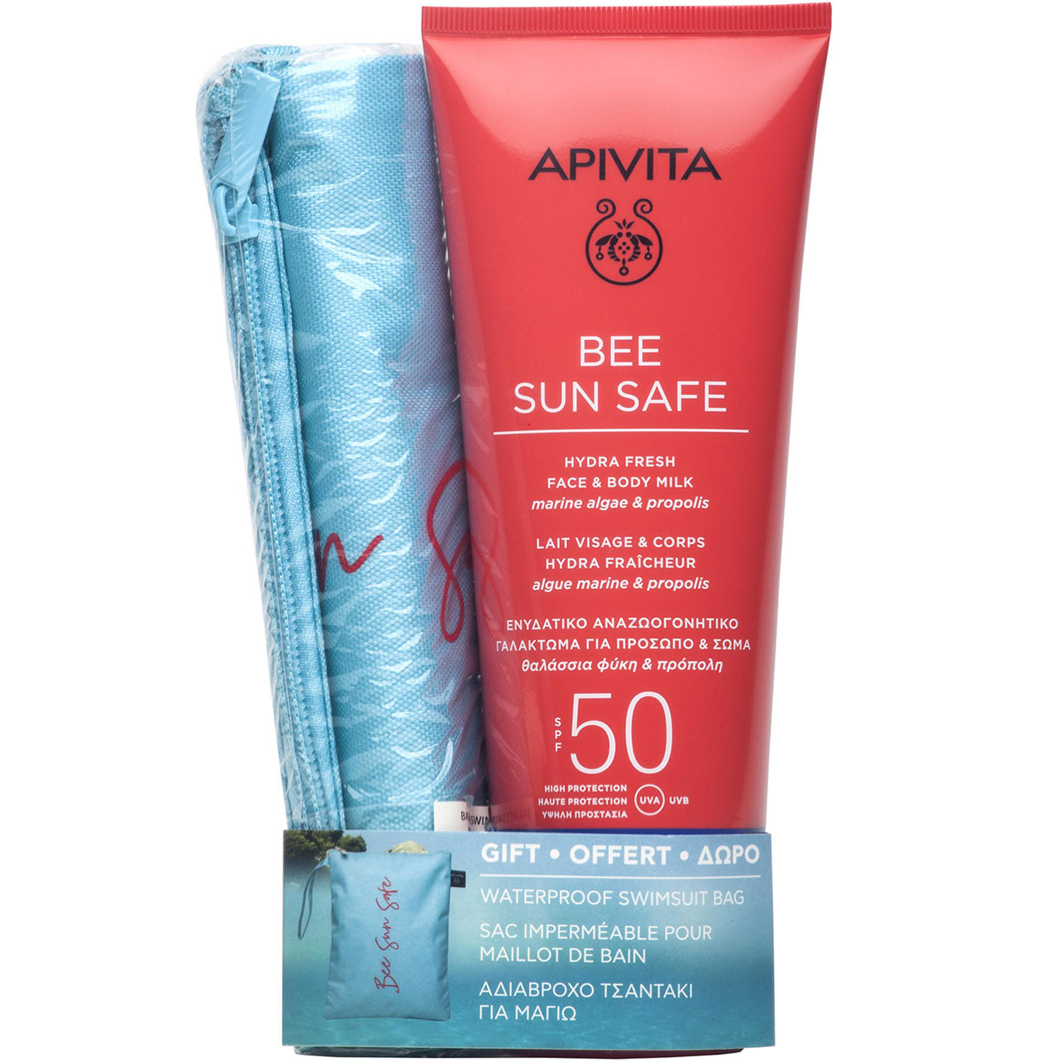 

Apivita Набор: солнцезащитное свежее увлажняющее молочко для лица и тела SPF 50 200 мл + мешочек для купальника (Apivita, Bee Sun Safe), Bee Sun Safe