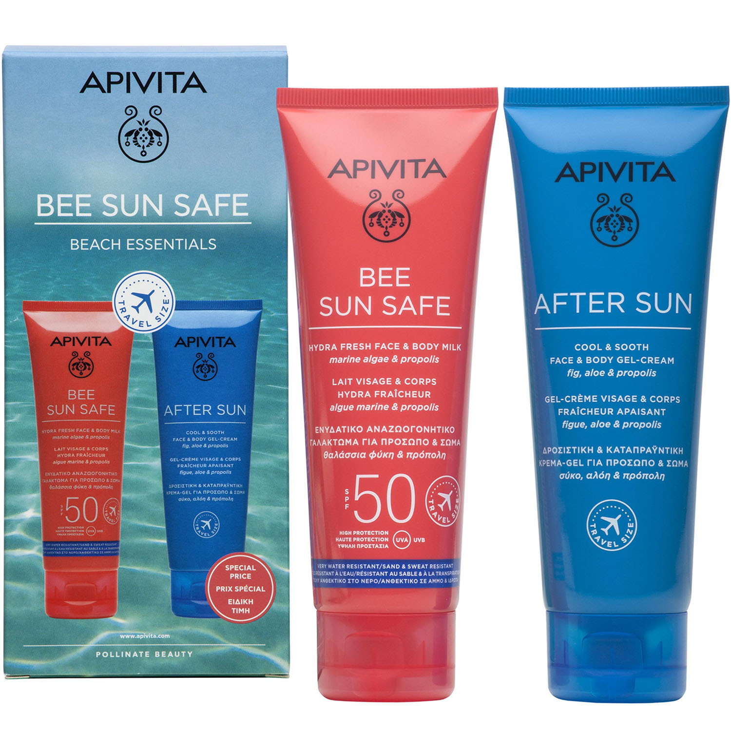 Apivita Набор: солнцезащитное увлажняющее молочко для лица и тела SPF 50+ 100 мл + охлаждающий гель-крем после солнца 100 мл (Apivita, Bee Sun Safe)