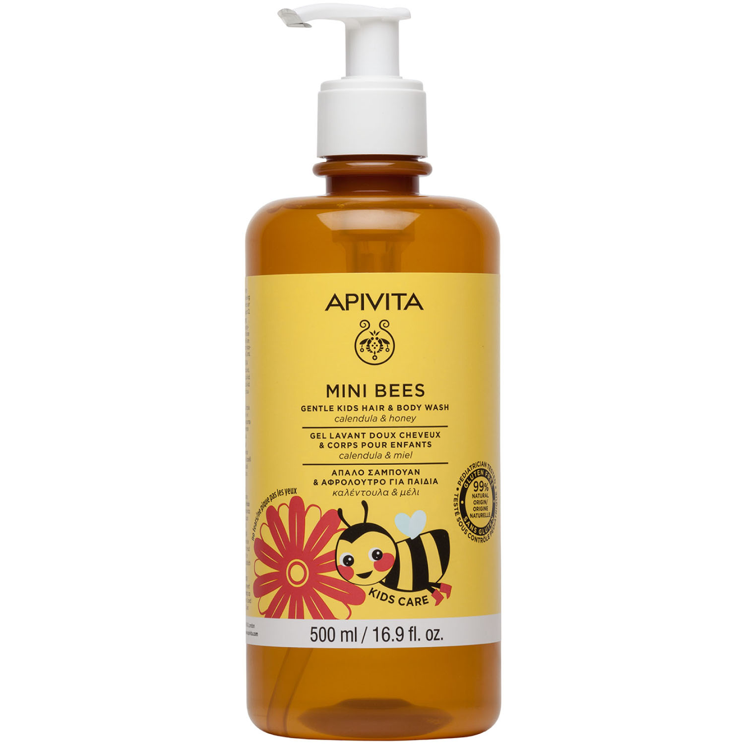 очищающий гель для тела и волос apivita calendula and honey 500 мл Apivita Детский нежный очищающий гель для тела и волос с Календулой и Мёдом, 500 мл (Apivita, Mini Bees)