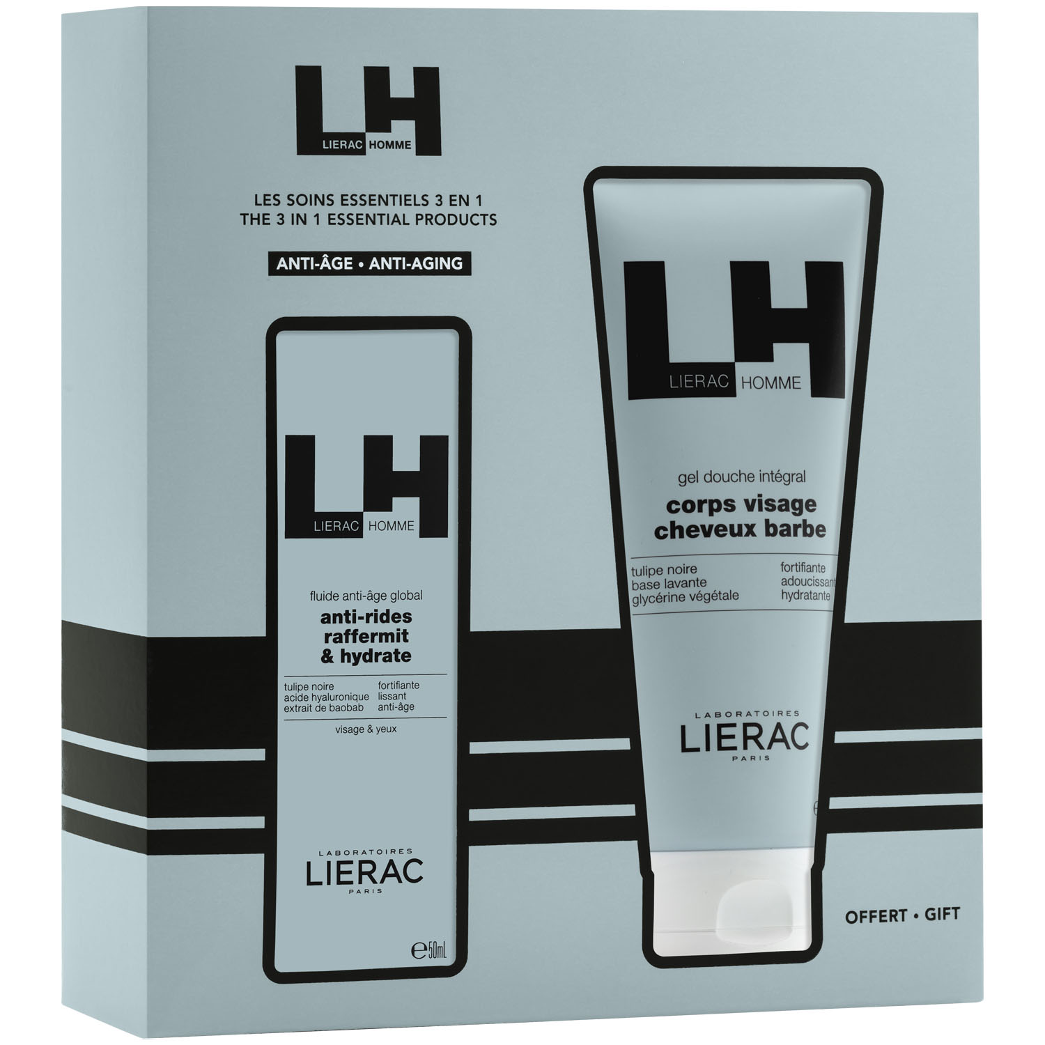 цена Lierac Подарочный набор для мужчин 2023: крем-флюид антивозрастной для мужчин 50 мл + гель для душа для мужчин, для тела и волос 200 мл (Lierac, Lierac Homme)