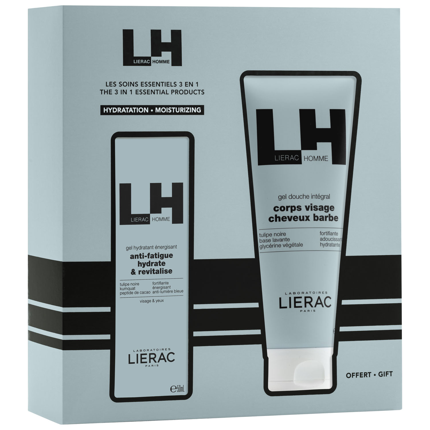 Lierac Подарочный набор для мужчин 2023: увлажняющий тонизирующий гель для лица и кожи контура глаз 50 мл + гель для душа для мужчин, для тела и волос 200 мл (Lierac, Lierac Homme)