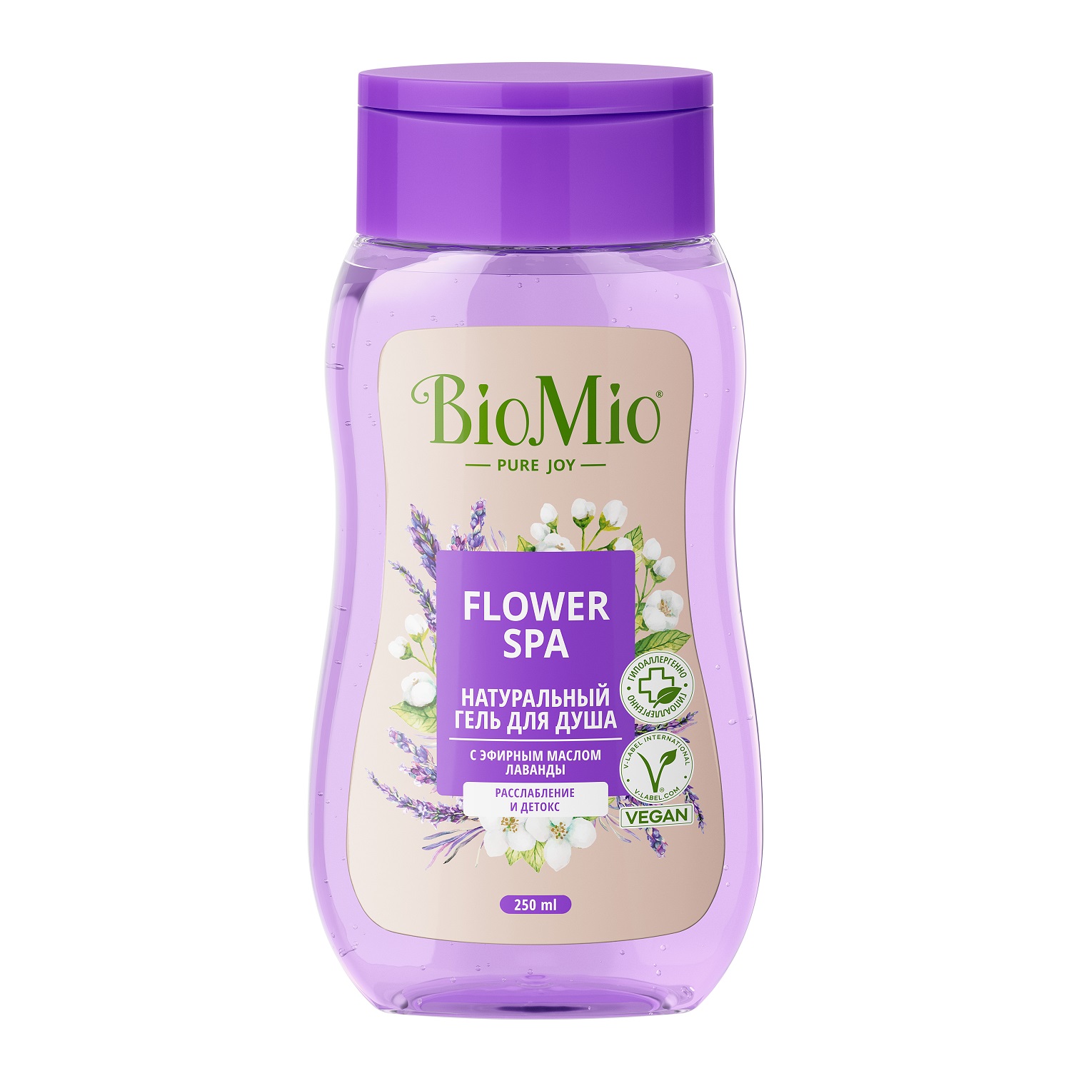 BioMio Гель для душа с эфирными маслами лаванды Flower Spa 3+, 250 мл (BioMio, Для ванны и душа) натуральный гель для душа biomio flower spa с эфирным маслом лавандылаванда 650 мл 735 г