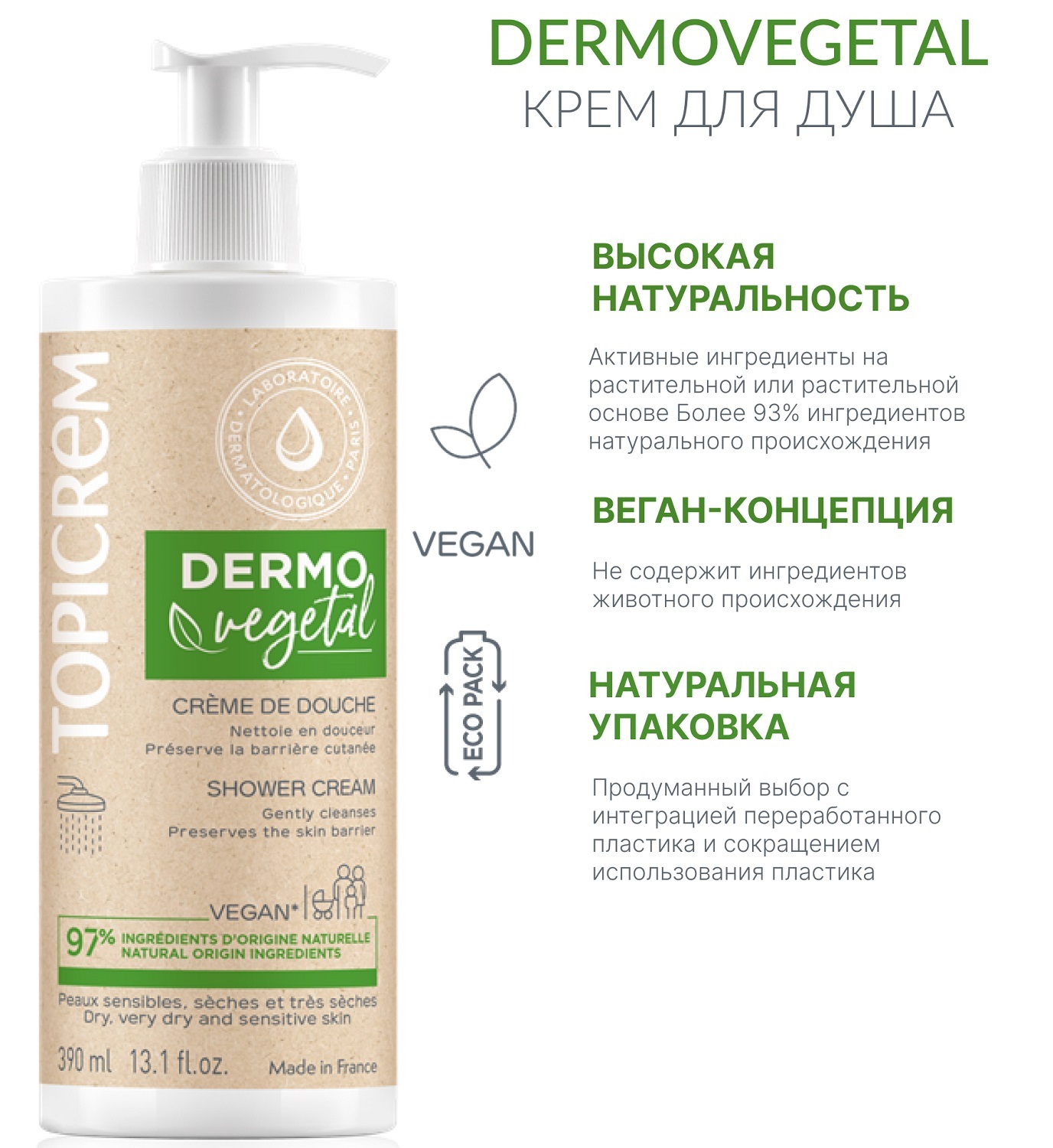 Топикрем Набор Dermovegetal: косметичка большая + крем для тела 390 мл + крем для душа 390 мл (Topicrem, Dermovegetal) фото 10
