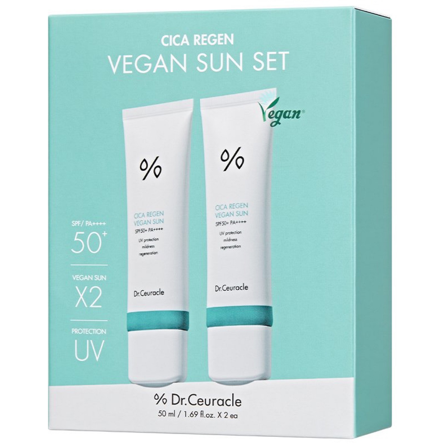 Доктор Сьюрикл Набор Vegan Sun Set: солнцезащитный веганский крем с центеллой Sun SPF 50+ PA++++, 2 х 50 мл (Dr. Ceuracle, Cica Regen) фото 1