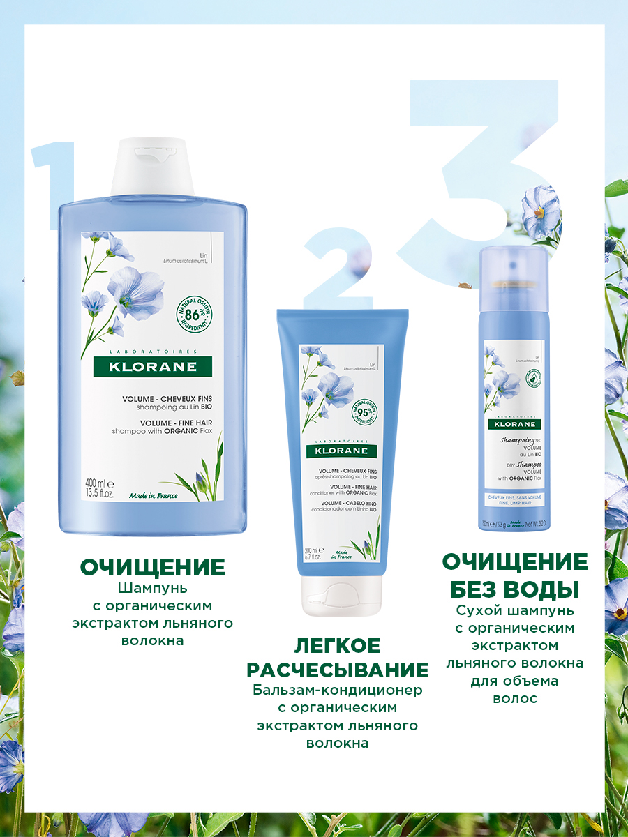 Клоран Сухой шампунь с органическим экстрактом льняного волокна для объема волос, 150 мл (Klorane, Лён) фото 4
