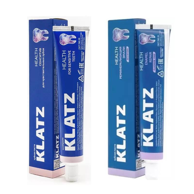 Klatz Набор зубных паст Health для укрепления эмали: Реминерализация эмали 75 мл + Сенситив 75 мл (Klatz, Health) зубная паста klatz cinnamun with mint 75 мл
