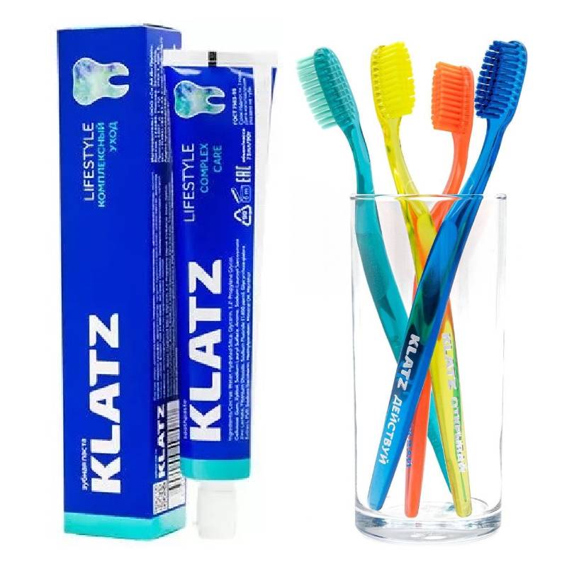 Klatz Набор Lifestyle: зубная паста Комплексный уход 75 мл + зубная щетка (Klatz, Lifestyle) klatz набор зубная паста свежее дыхание 75 мл зубная паста комплексный уход 75 мл зубная щетка средняя 1 шт klatz lifestyle