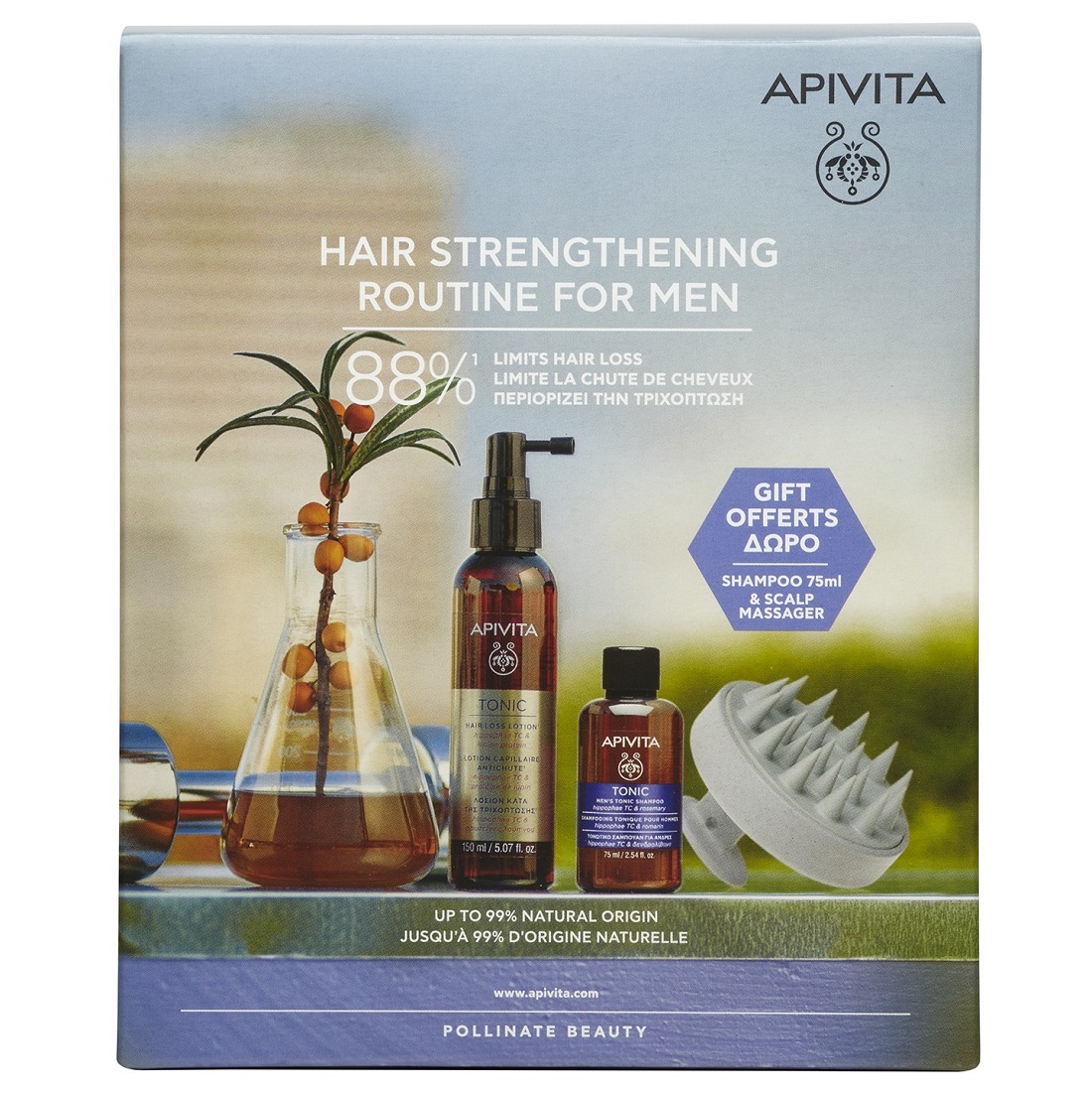 Апивита Набор против выпадения волос для мужчин: лосьон 150 мл + шампунь 75 мл + массажная щетка (Apivita, Hair) фото 1