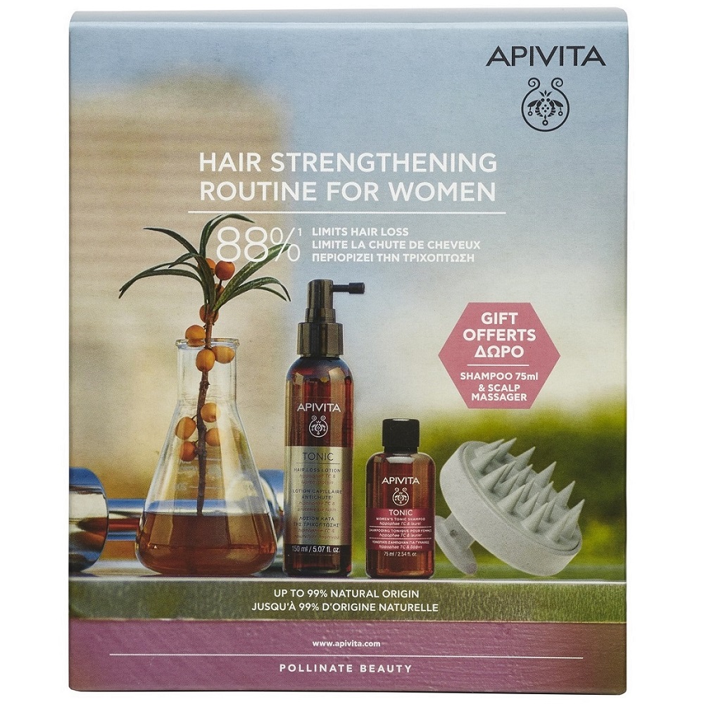 Апивита Набор против выпадения волос для женщин: лосьон 150 мл + шампунь 75 мл + массажная щетка (Apivita, Hair) фото 1