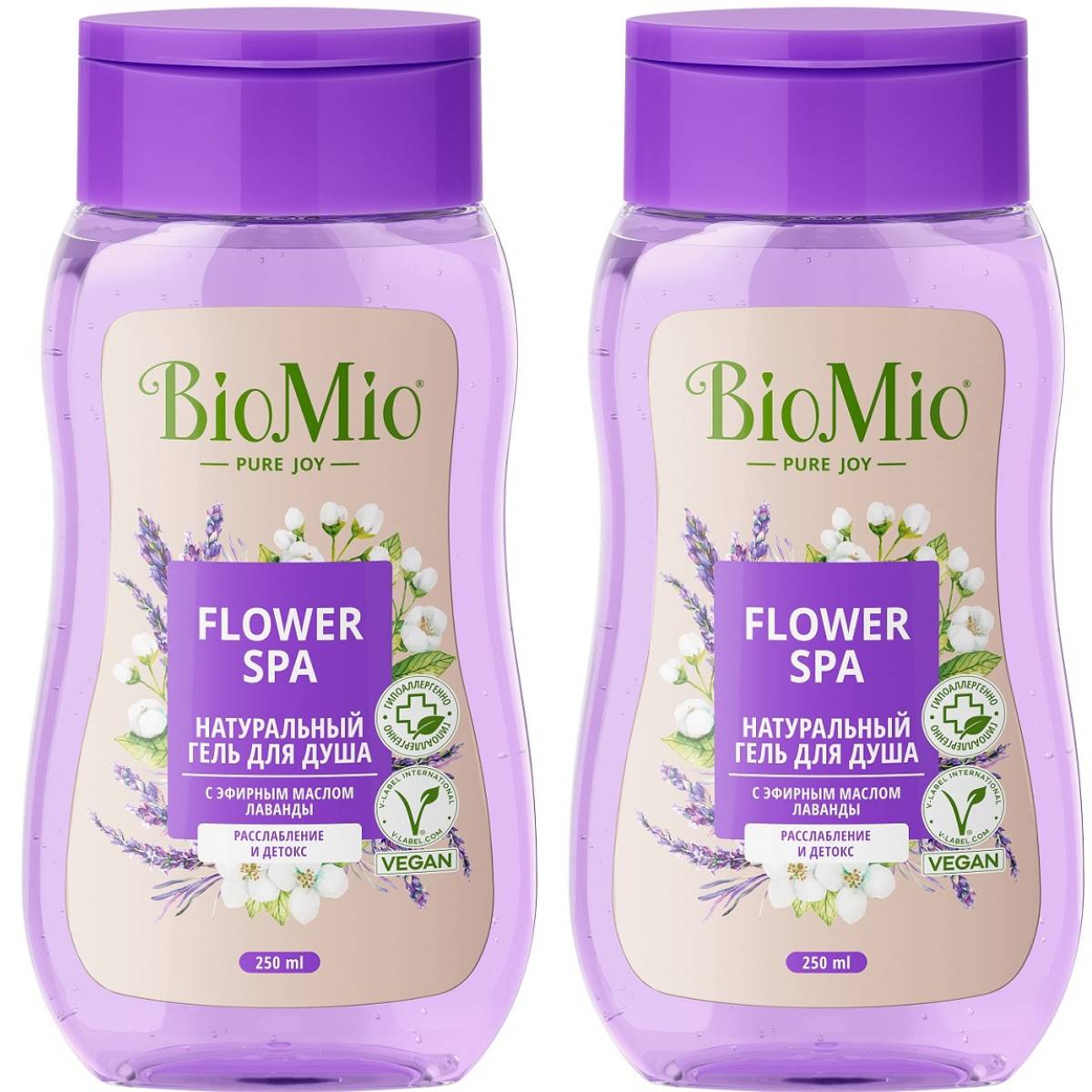 BioMio Гель для душа с эфирными маслами лаванды Flower Spa 3+, 2 х 250 мл (BioMio, Для ванны и душа) biomio гель для душа с эфирными маслами апельсина и бергамота citrus energy 3 2 х 250 мл biomio для ванны и душа