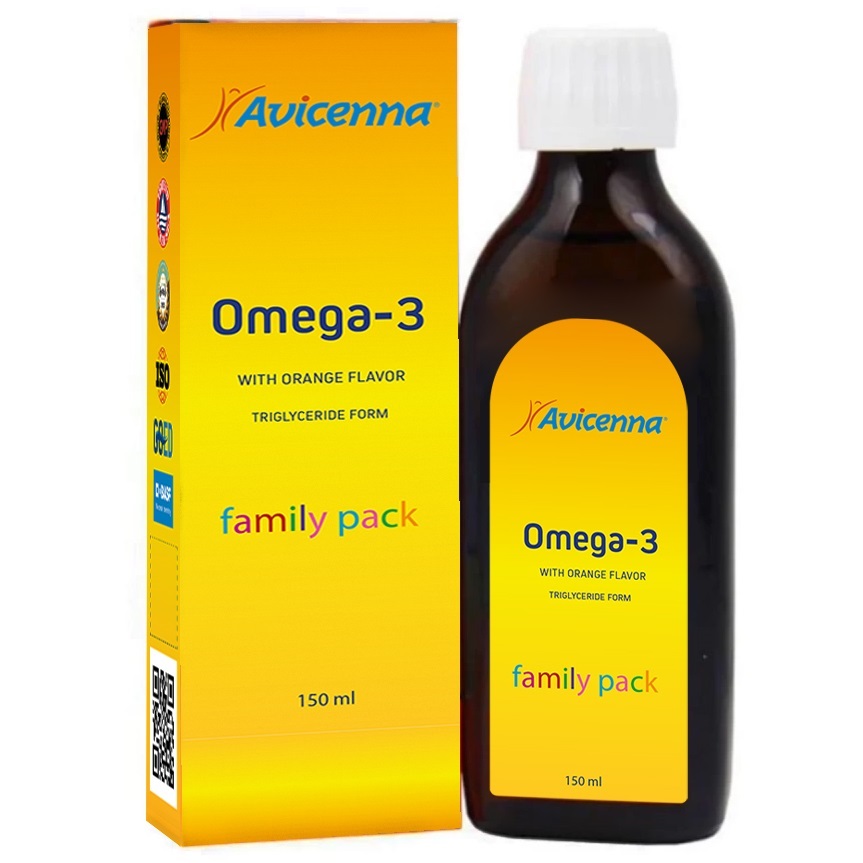 Avicenna Омега-3 со вкусом апельсина 3+, 150 мл (Avicenna, Омега-3) coromega омега 3 со вкусом апельсина 90 пакетиков 2 5 г каждый