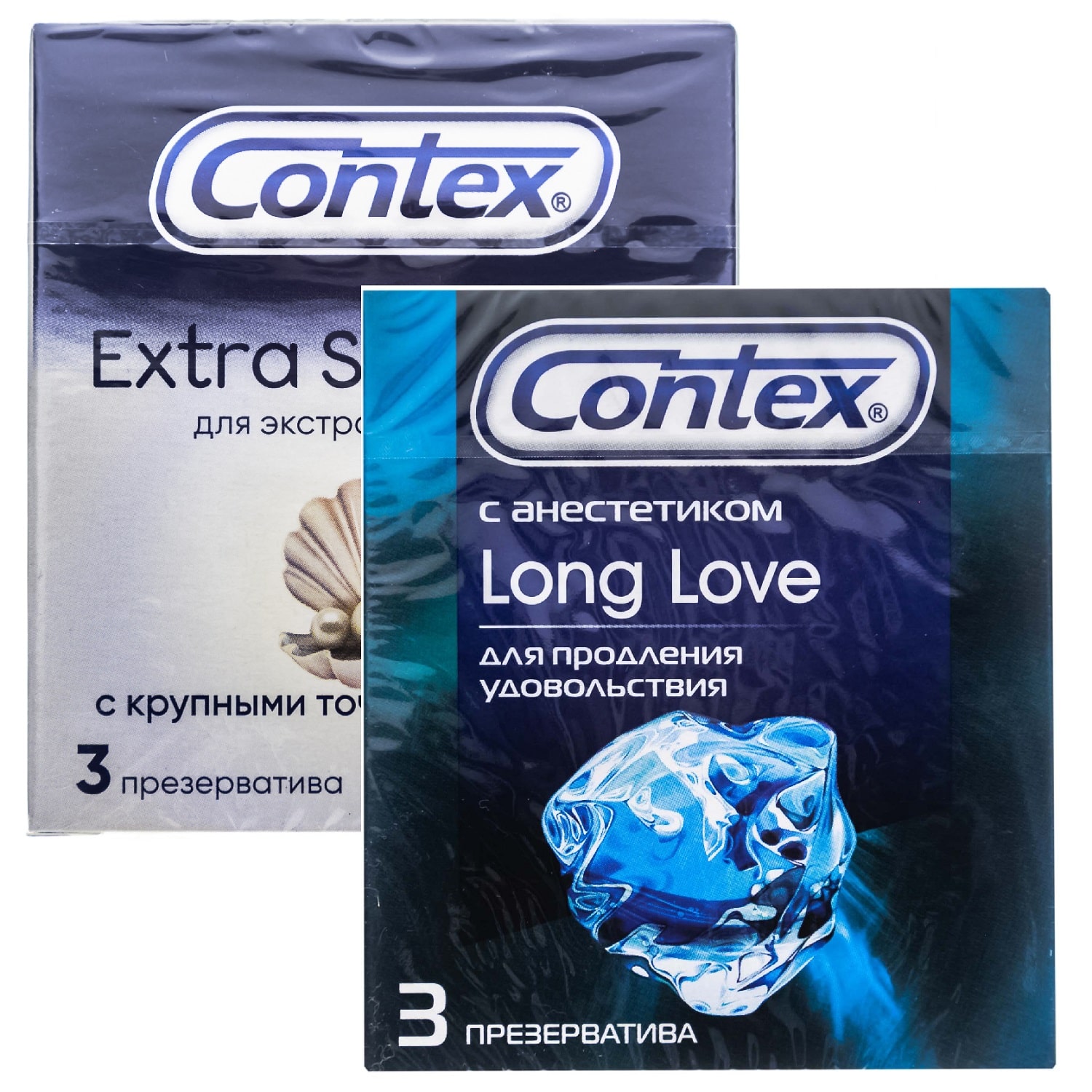Contex Набор презервативов: Extra Sensation с крупными точками и ребрами №3 + Long Love с анестетиком №3 (Contex, Презервативы)