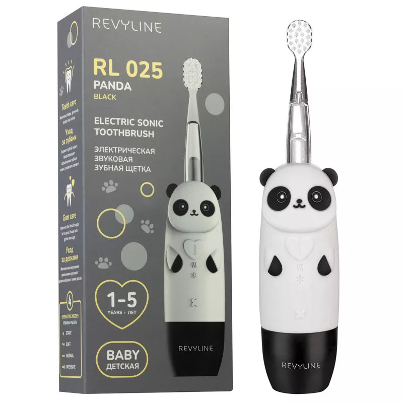 REVYLINE Детская электрическая звуковая зубная щетка RL 025 Baby Panda 1+, чёрная (REVYLINE, Электрические зубные щетки)