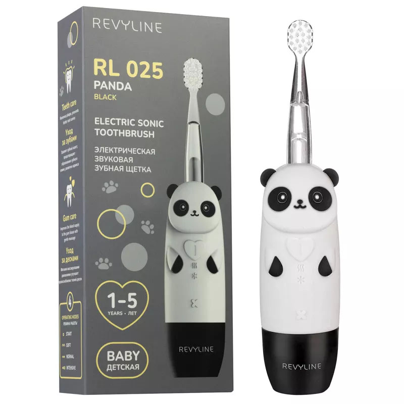  Детская электрическая звуковая зубная щетка RL 025 Baby Panda 1+, чёрная (REVYLINE, Электрические зубные щетки) фото 0