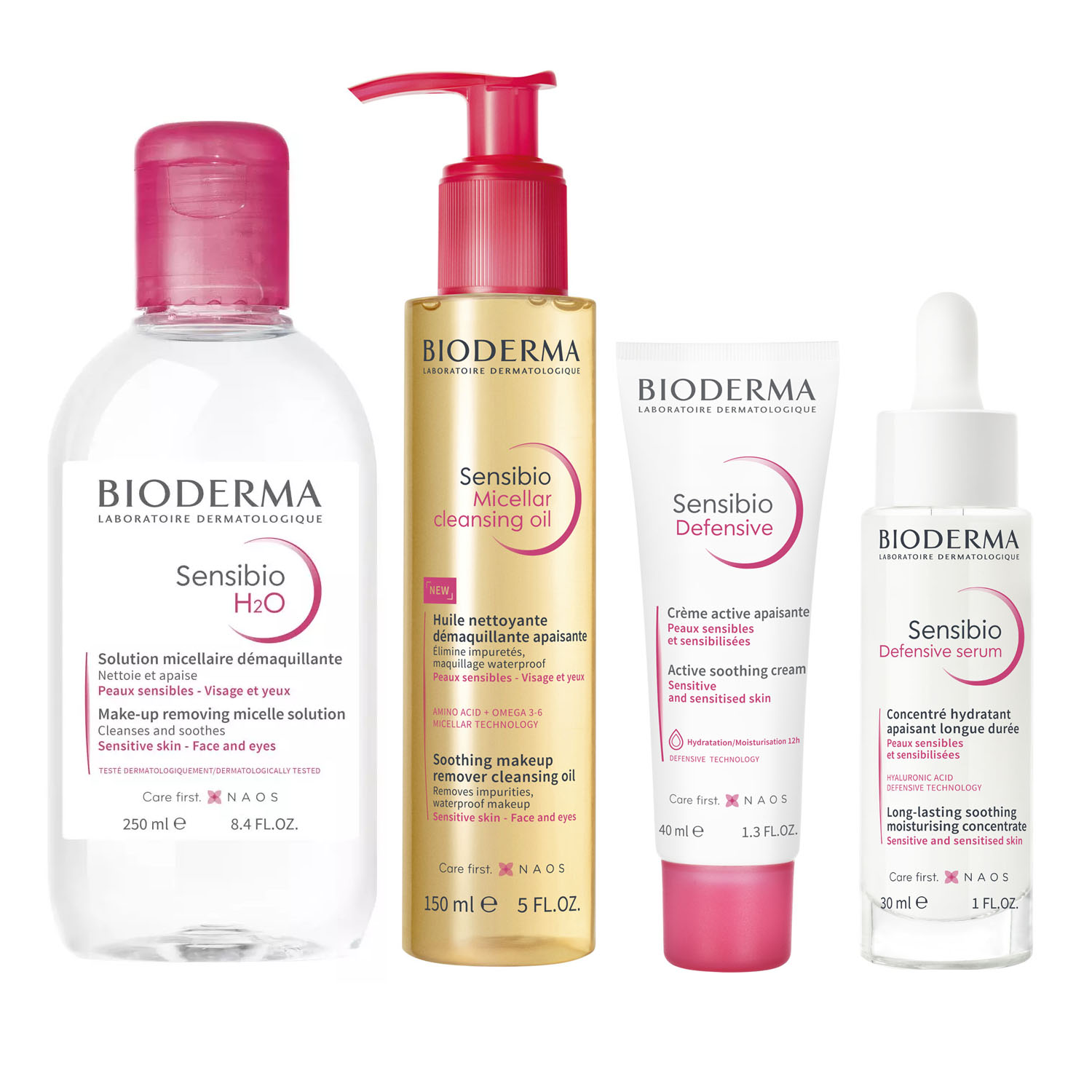 Bioderma Набор средств для чувствительной кожи: крем 40 мл + сыворотка 30 мл + масло 150 мл + мицеллярная вода 250 мл (Bioderma, Sensibio) насыщенный крем для чувствительной кожи defensive 40 мл