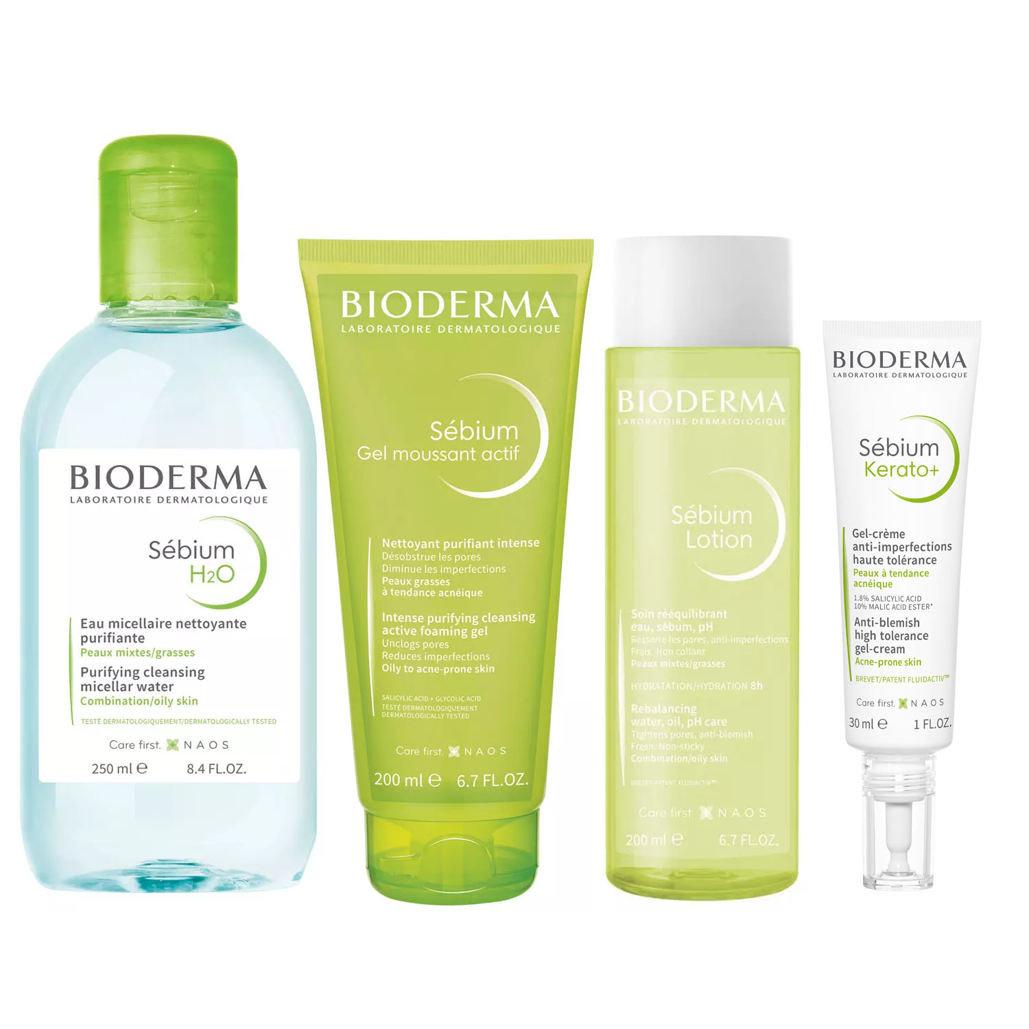 Bioderma Набор средств для проблемной кожи: гель 200 мл + гель-крем 30 мл + лосьон 200 мл + мицеллярная вода 250 мл (Bioderma, Sebium) bioderma набор sebium для жирной кожи лосьон 200 мл крем 30 мл