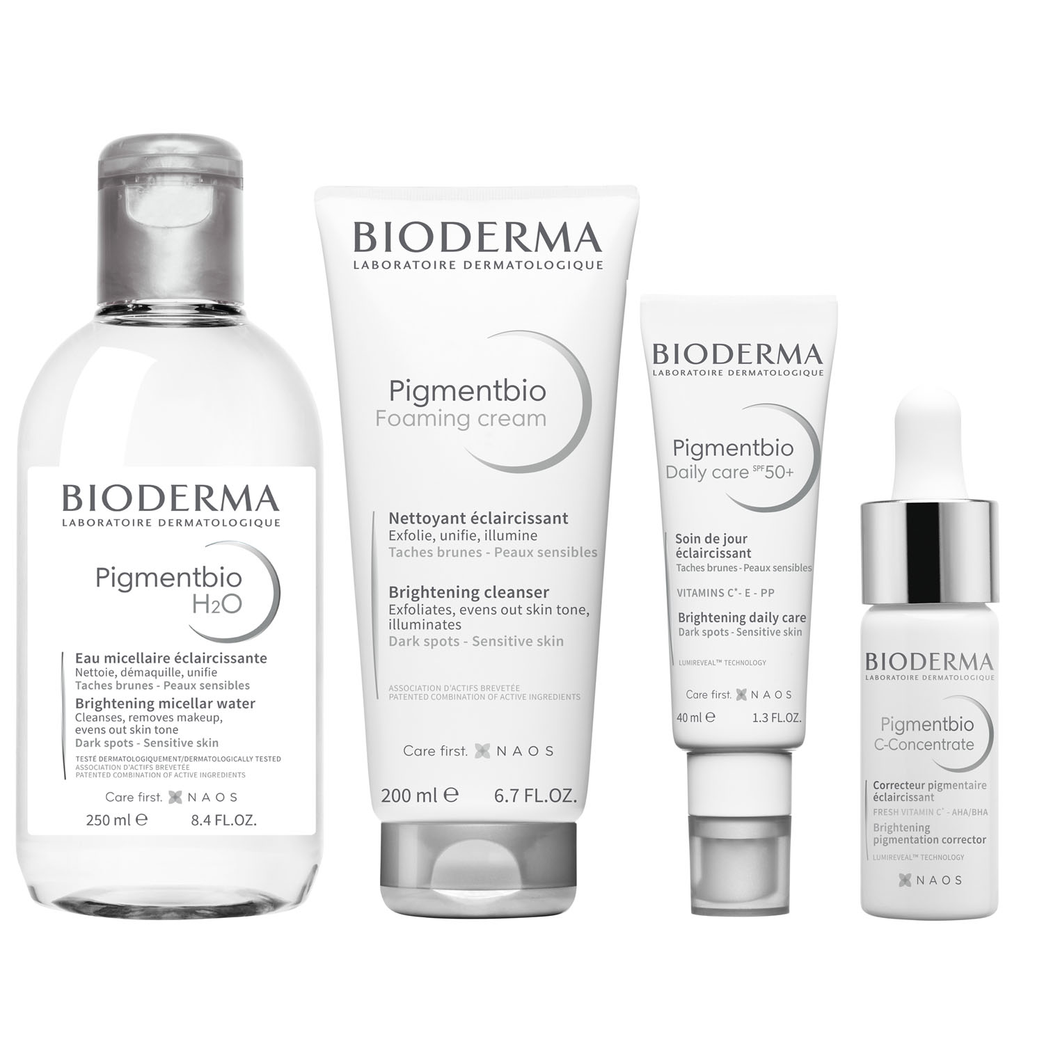 Bioderma Набор средств для кожи с пигментацией крем SPF 50, 40 мл  сыворотка 15 мл  очищающий крем 200 мл  мицеллярная вода 250 мл. фото
